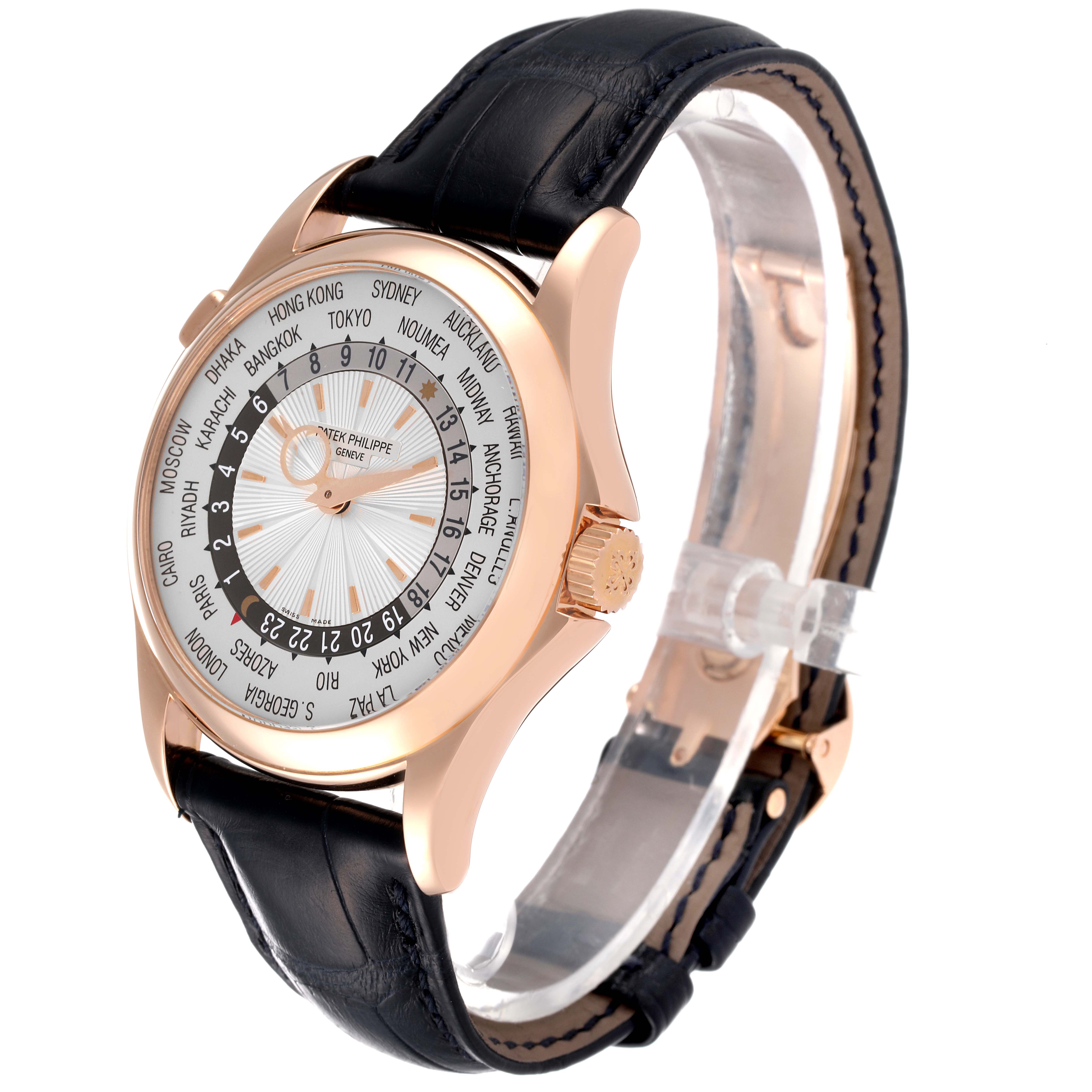 The image shows a side angle of a Patek Philippe Complications 5130R Men's Rose Gold Silver Dial 5130R Men's Rose Gold Silver Dial watch, highlighting the dial, strap, and crown.