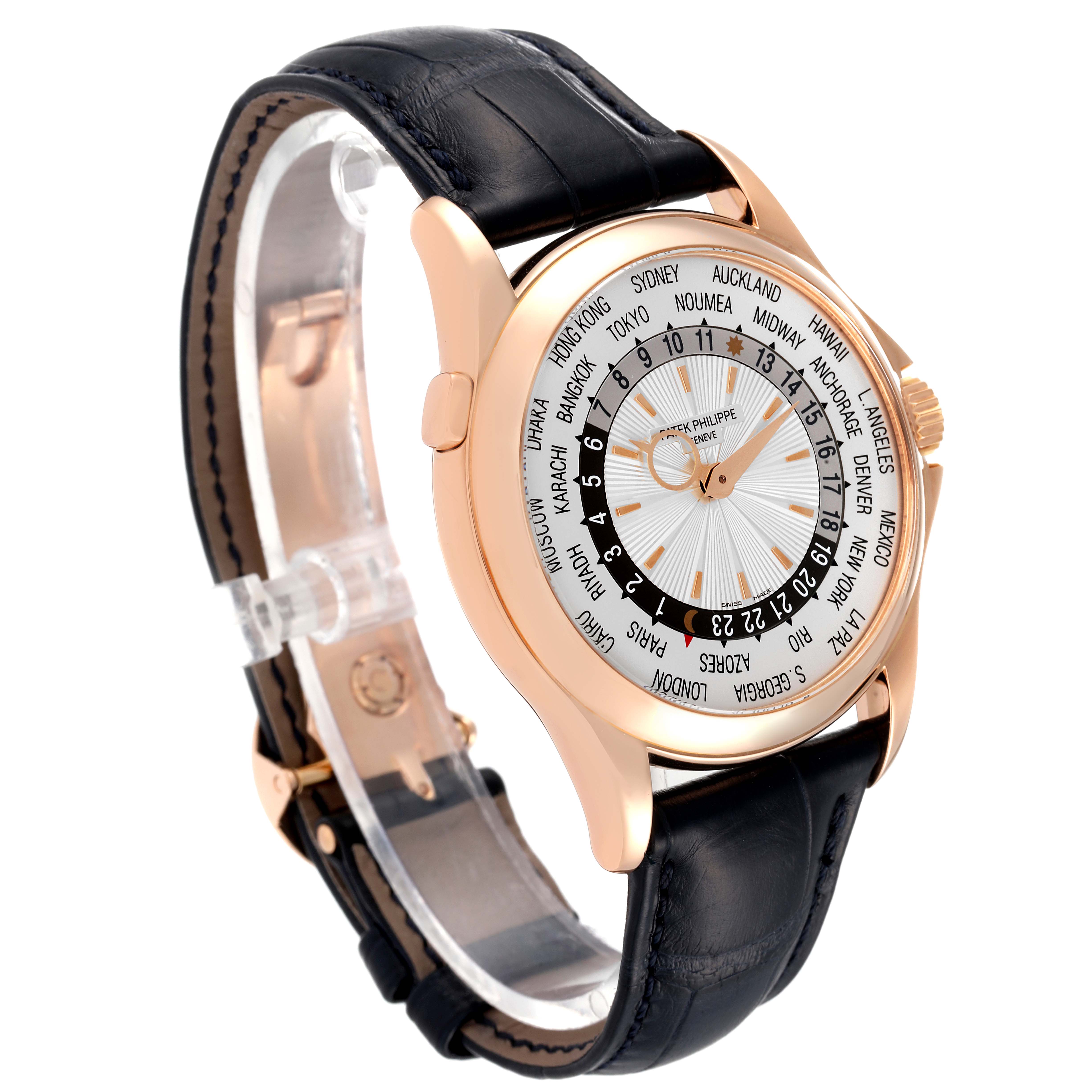 The Patek Philippe Complications 5130R Men's Rose Gold Silver Dial 5130R Men's Rose Gold Silver Dial model watch is shown at a front-left angle, displaying its dial, crown, and leather strap.