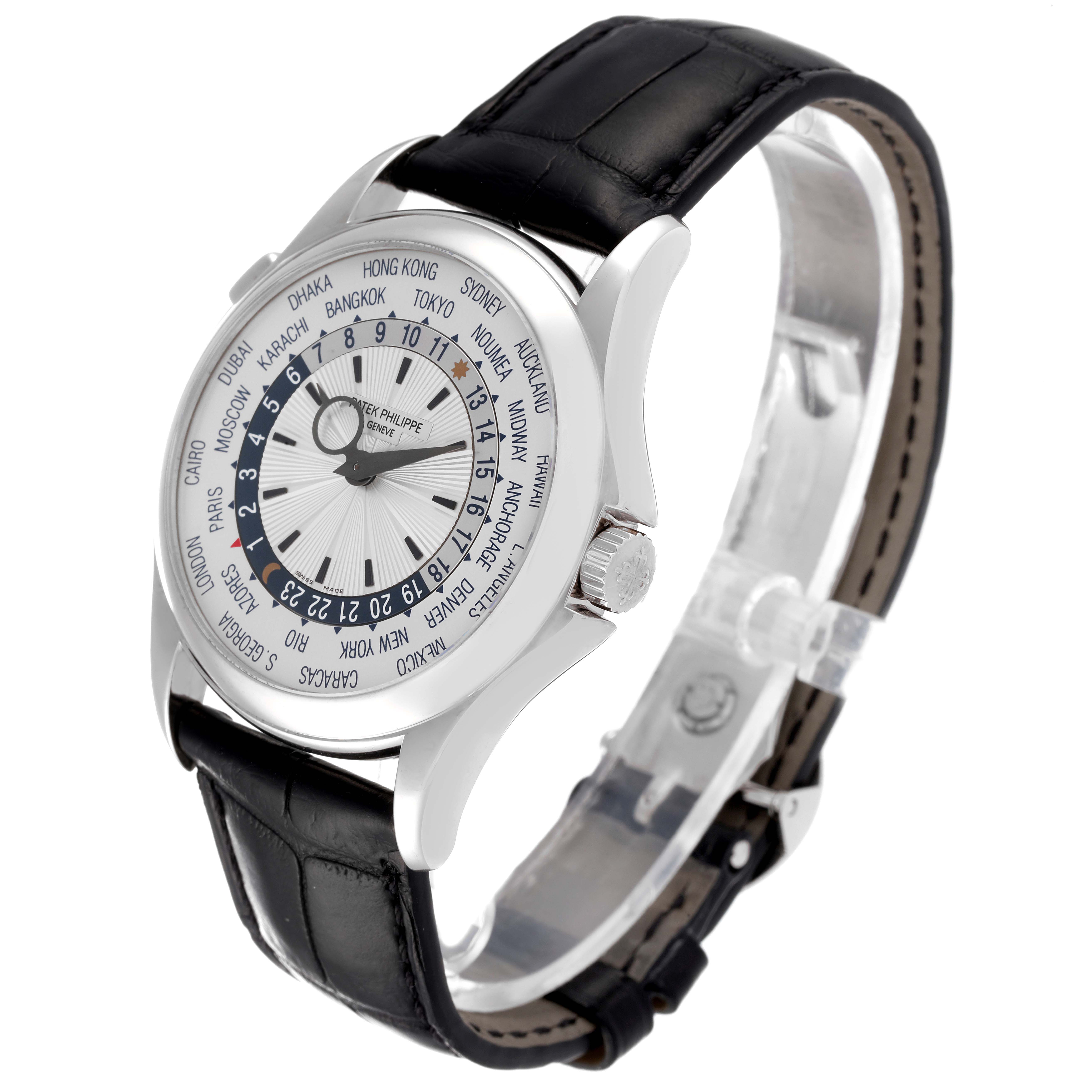 The image shows a Patek Philippe Complications 5130G-019 Men's White Gold Silver Dial 5130G-019 Men's White Gold Silver Dial model watch at a three-quarter angle with a clear view of the dial and strap.