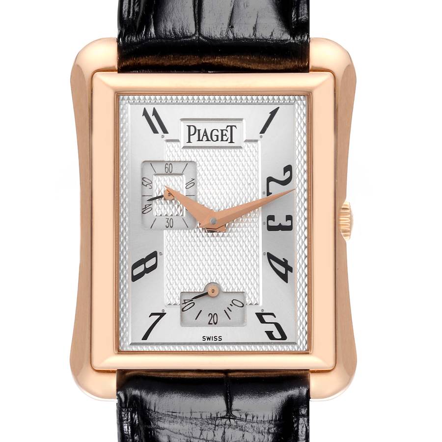 The watch face of the Piaget Black Tie Emperador Coussin Rose Gold G0A33070 is shown from the front, highlighting the dial and rose gold case.