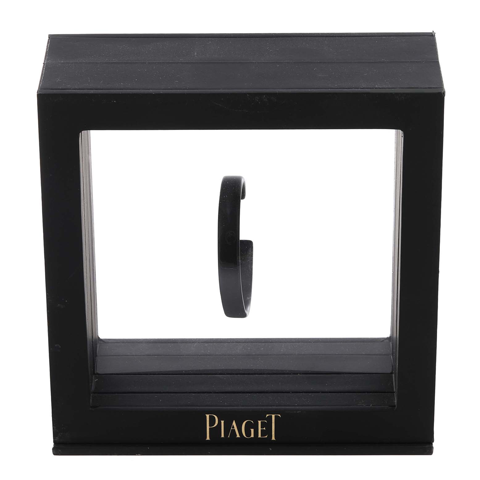 The image shows a Piaget G0A33070 Men's Rose Gold Silver Dial G0A33070 Men's Rose Gold Silver Dial display case for the Black Tie Emperador Coussin Rose Gold Men's Watch, model G0A33070.