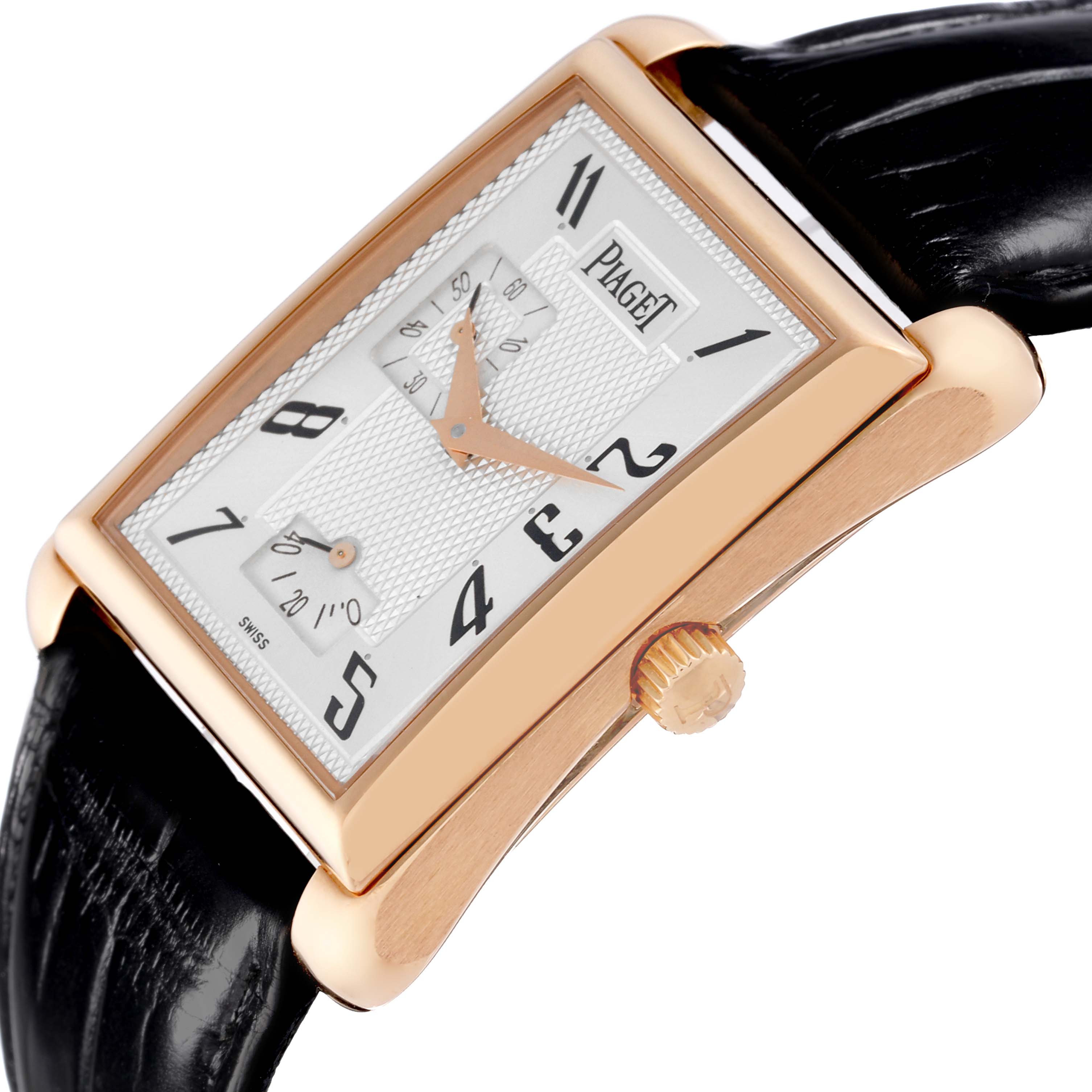 The Piaget G0A33070 Men's Rose Gold Silver Dial G0A33070 Men's Rose Gold Silver Dial Black Tie Emperador Coussin Rose Gold watch is shown at a slight side angle, highlighting the rose gold case and crown.