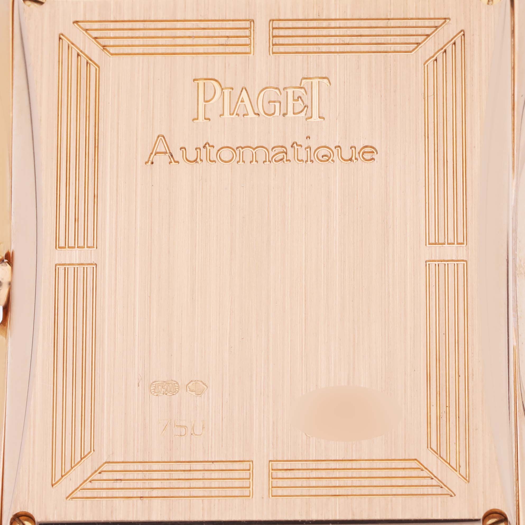 The image shows the back case of the Piaget G0A33070 Men's Rose Gold Silver Dial G0A33070 Men's Rose Gold Silver Dial Black Tie Emperador Coussin Rose Gold Men's Watch, model G0A33070.