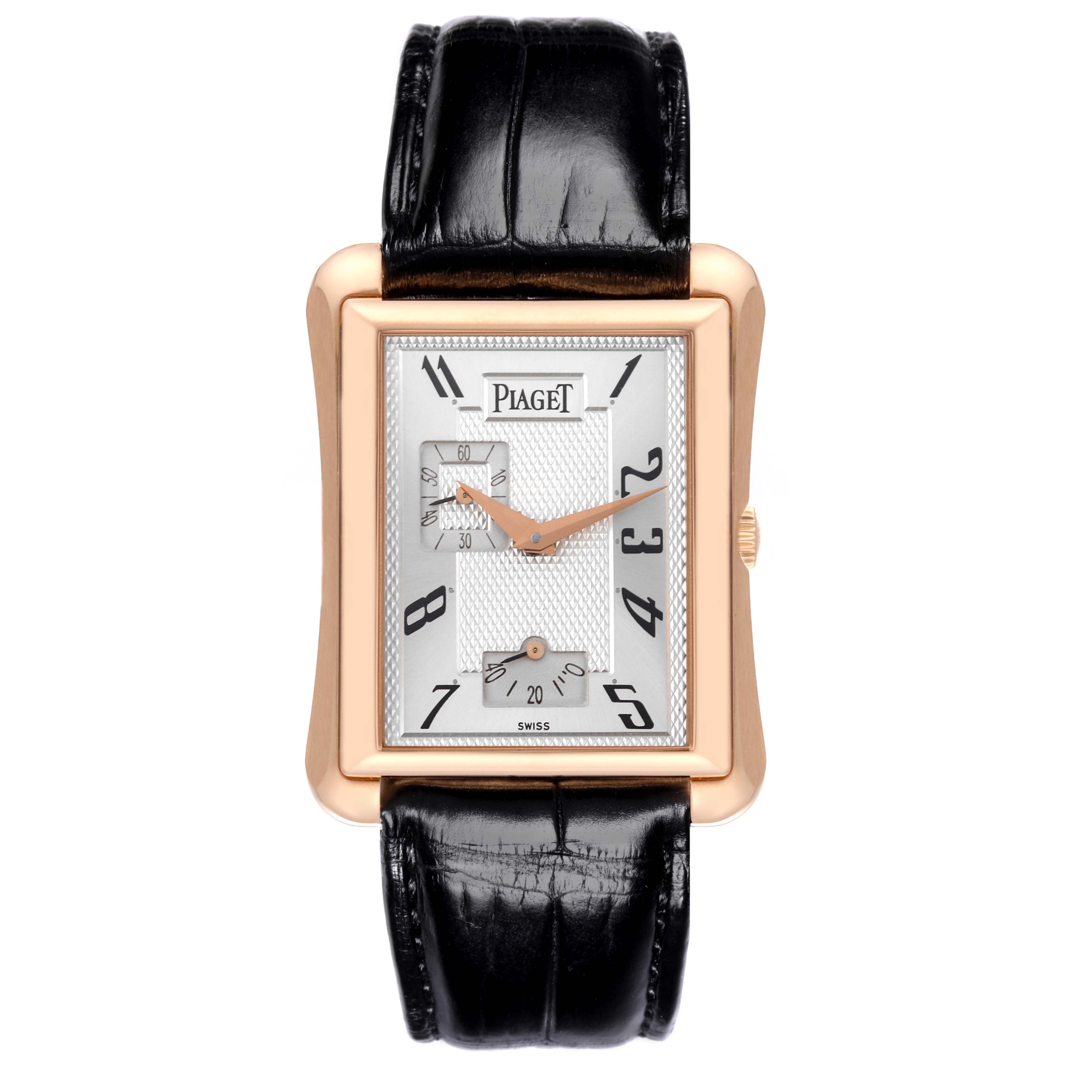 The Piaget G0A33070 Men's Rose Gold Silver Dial G0A33070 Men's Rose Gold Silver Dial Black Tie Emperador Coussin G0A33070 watch is shown from the front, displaying its rose gold case and black strap.