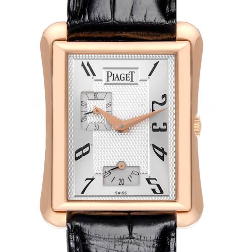 The Piaget Black Tie Emperador Coussin watch is shown from the front, highlighting its rose gold case, silver dial, and black strap.