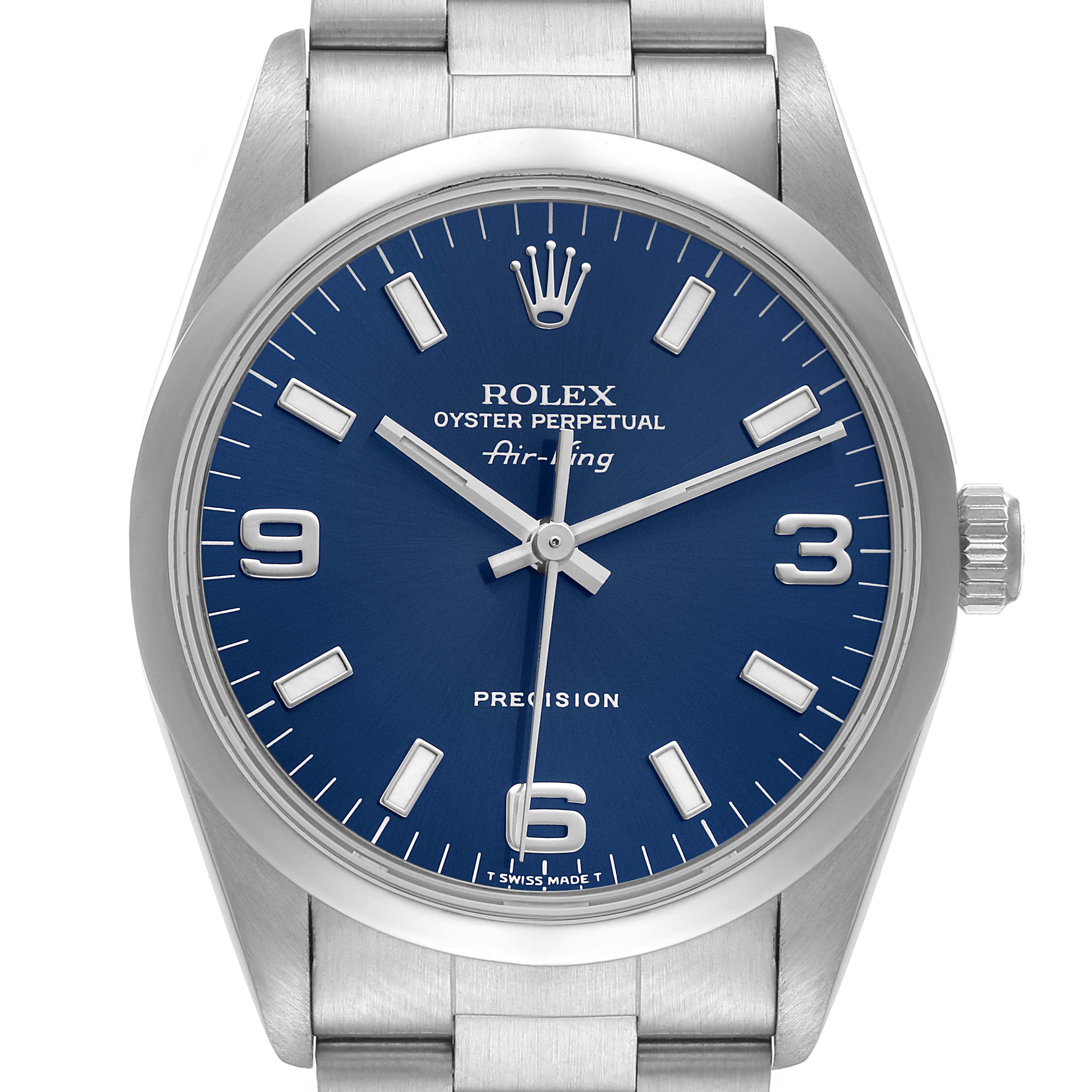This image shows a front view of the dial, hands, and crown of the Rolex Air-King 14000 Men's Stainless Steel Blue Dial 14000 Men's Stainless Steel Blue Dial watch.