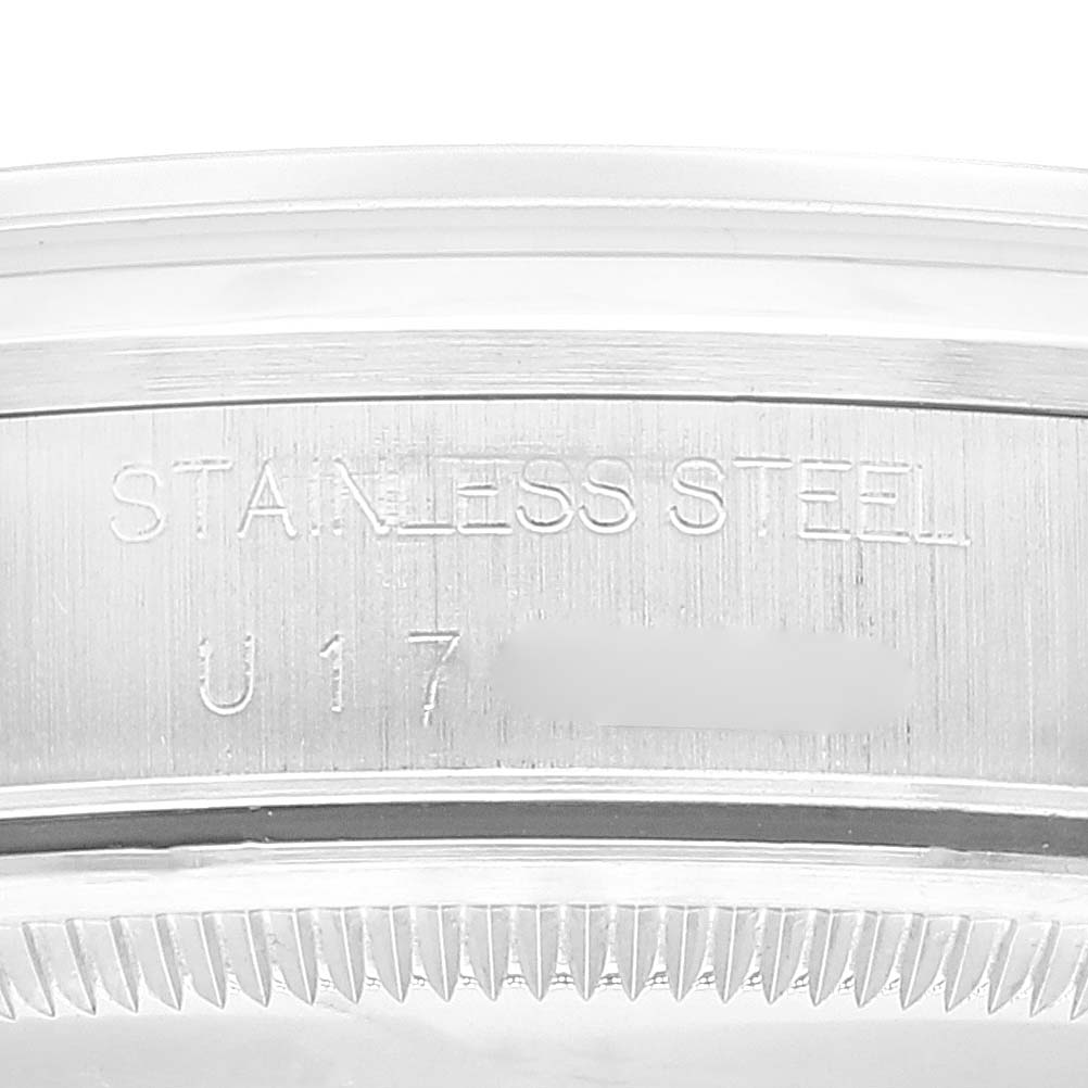 This close-up image shows the engraving on the stainless steel case back of a Rolex Air-King 14000 Men's Stainless Steel Blue Dial 14000 Men's Stainless Steel Blue Dial watch.