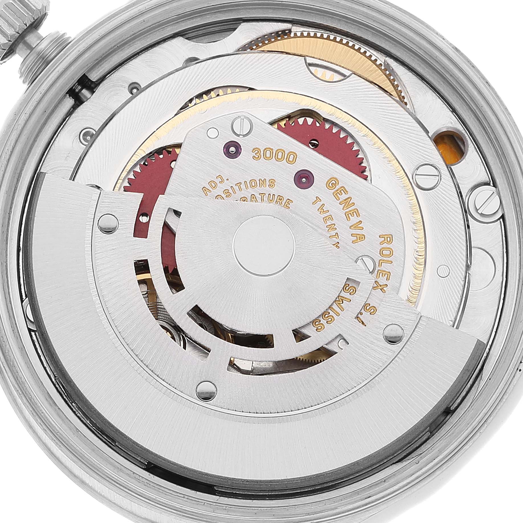 This image shows a close-up of the movement mechanism of a Rolex Air-King 14000 Men's Stainless Steel Blue Dial 14000 Men's Stainless Steel Blue Dial watch.