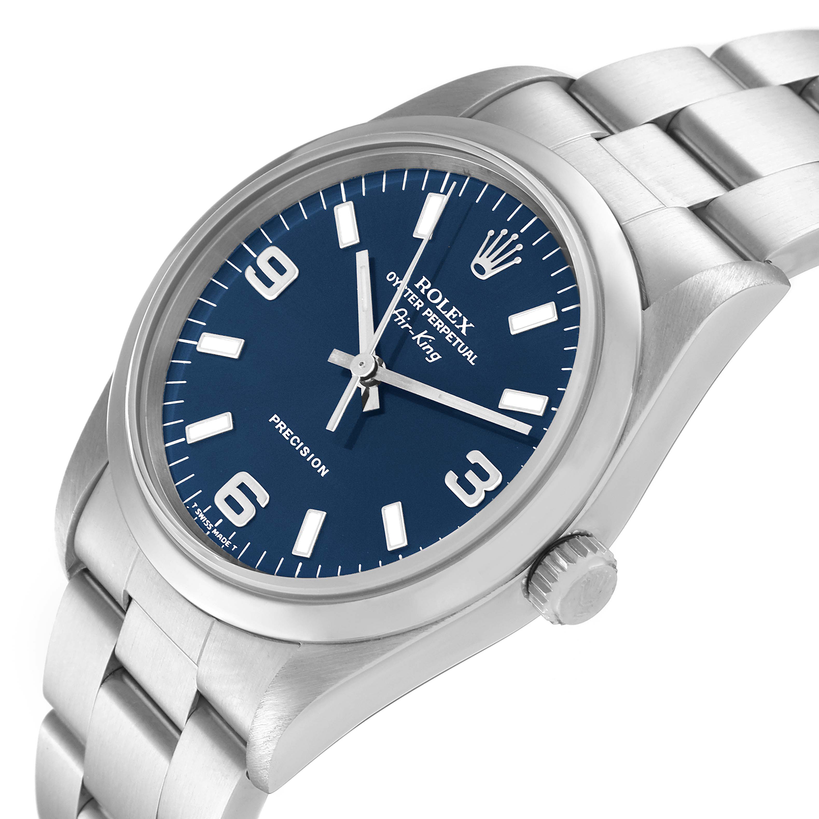 The Rolex Air-King 14000 Men's Stainless Steel Blue Dial 14000 Men's Stainless Steel Blue Dial watch is shown in a three-quarter view, displaying the blue dial, bezel, crown, and part of the bracelet.