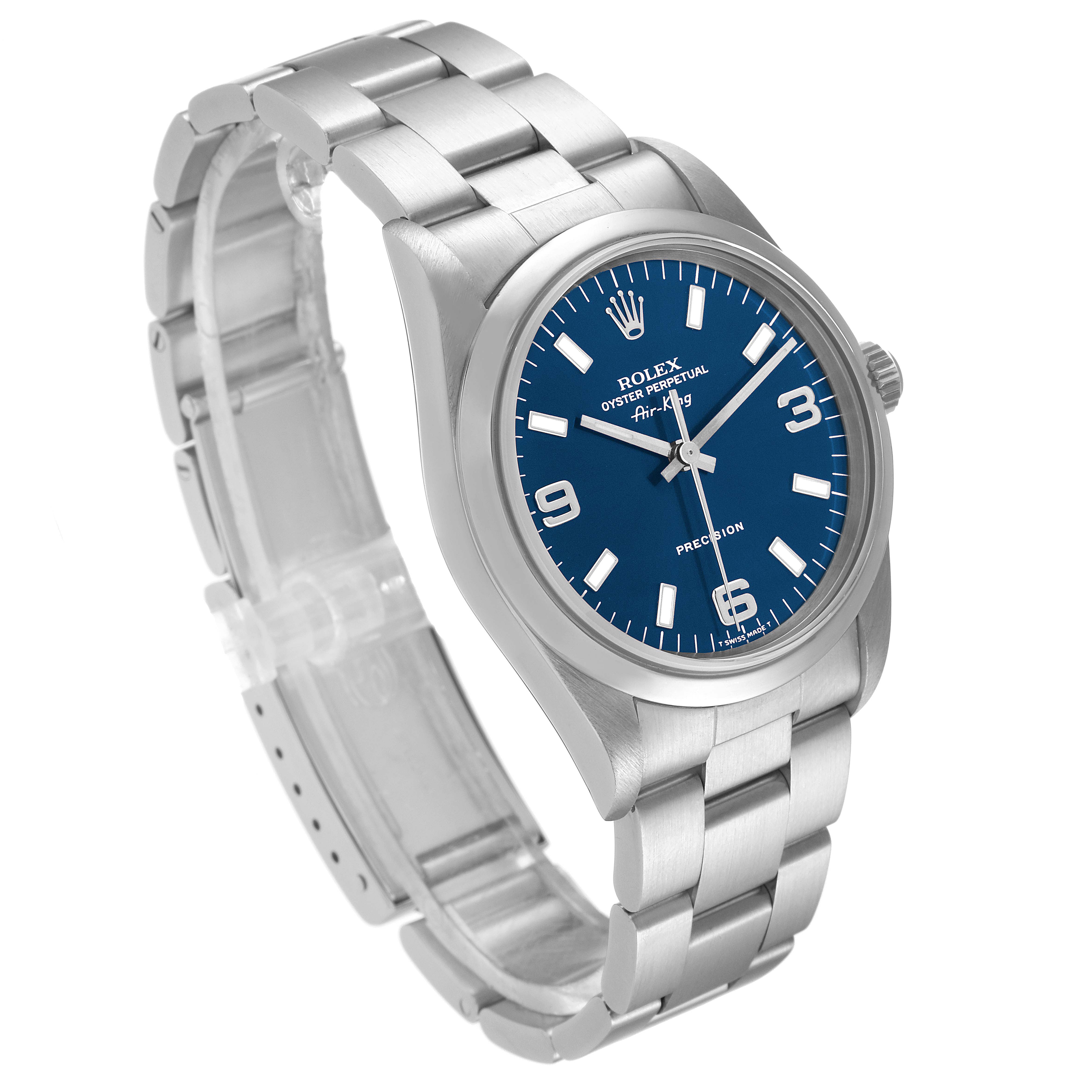 This image shows the Rolex Air-King 14000 Men's Stainless Steel Blue Dial 14000 Men's Stainless Steel Blue Dial watch at a slight angle, displaying the face, bezel, crown, and bracelet.