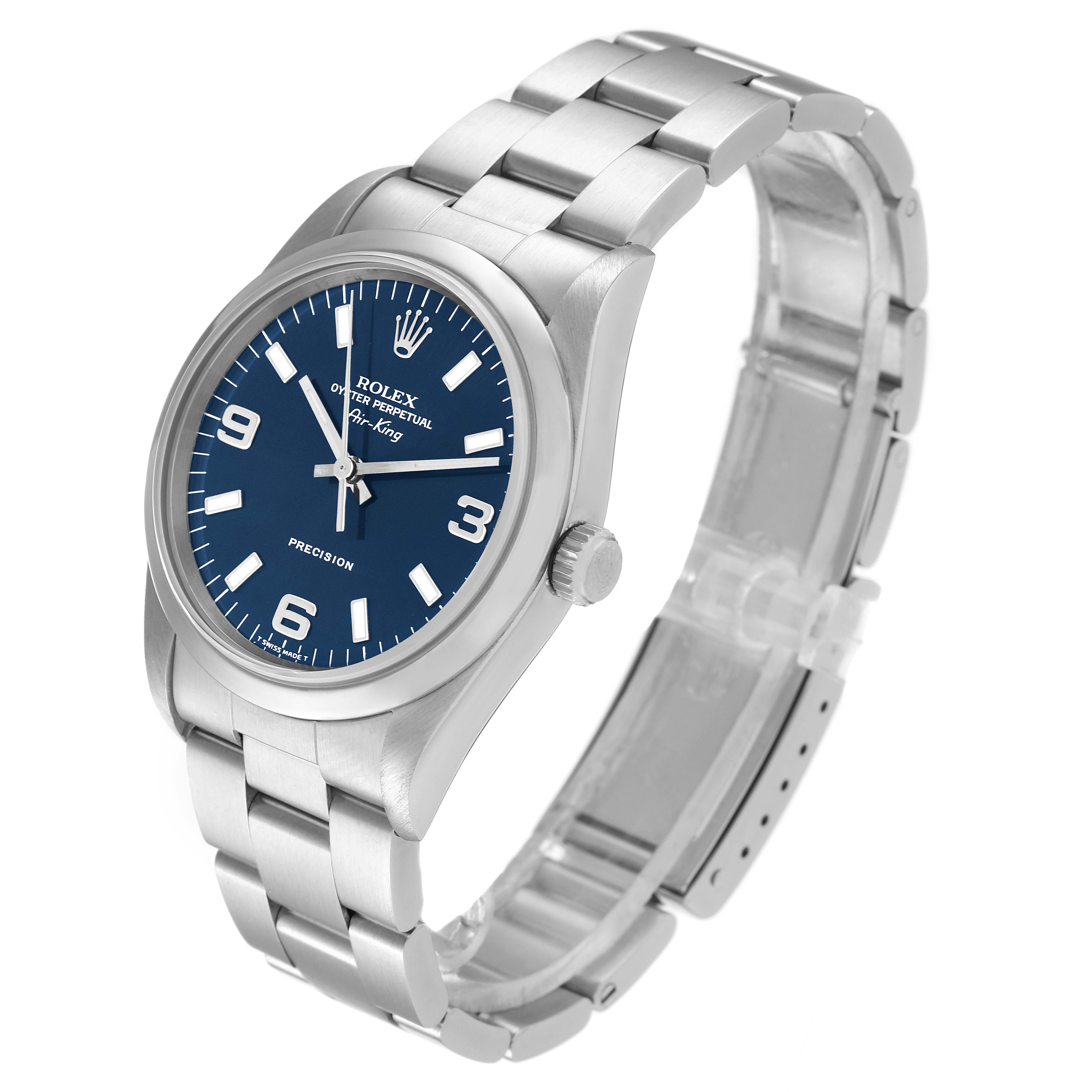 The image shows a Rolex Air-King 14000 Men's Stainless Steel Blue Dial 14000 Men's Stainless Steel Blue Dial watch at a three-quarter angle, highlighting its blue dial, stainless steel case, and bracelet.