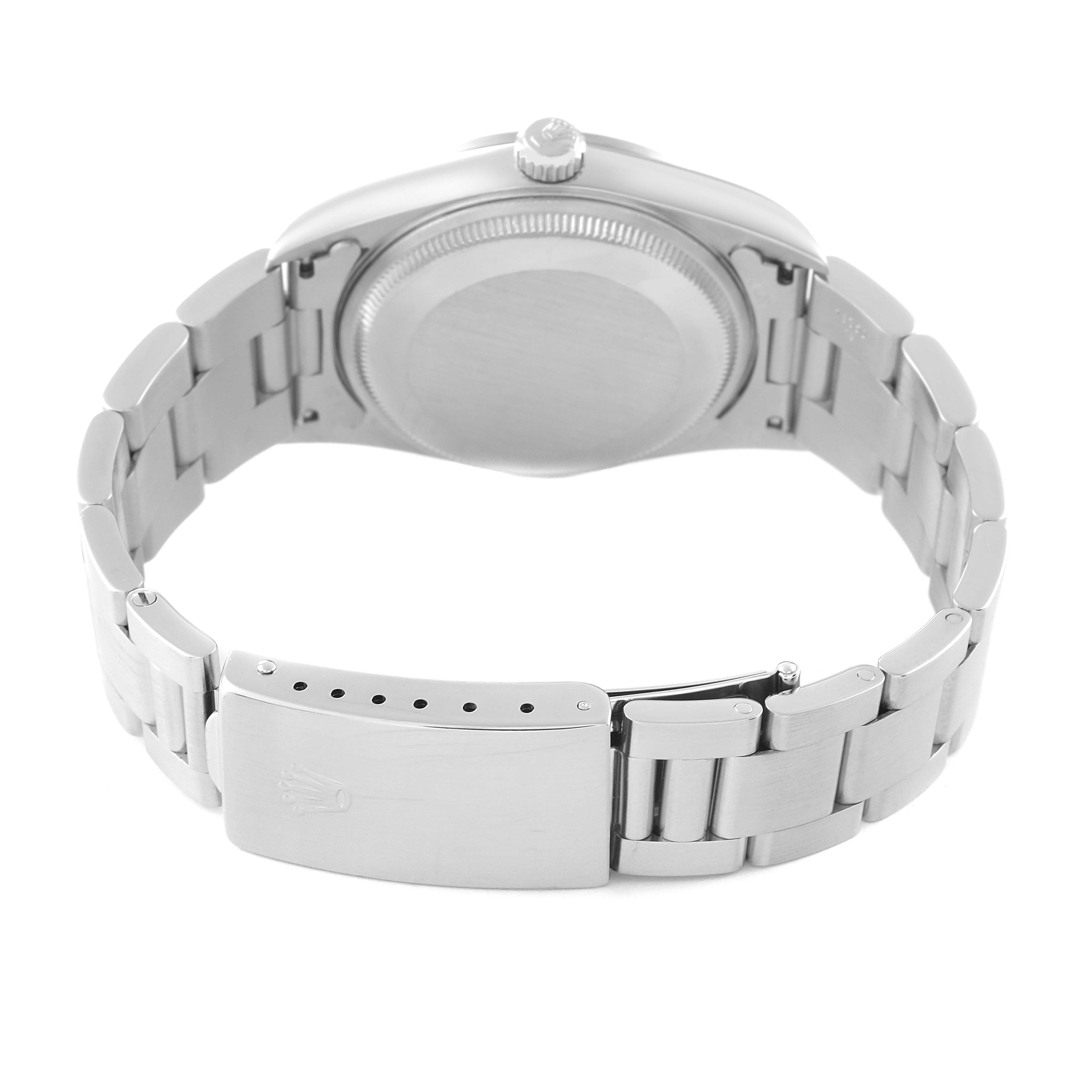 This image shows the back view of a Rolex Air-King 14000 Men's Stainless Steel Blue Dial 14000 Men's Stainless Steel Blue Dial watch, focusing on the caseback and metal bracelet with the clasp open.