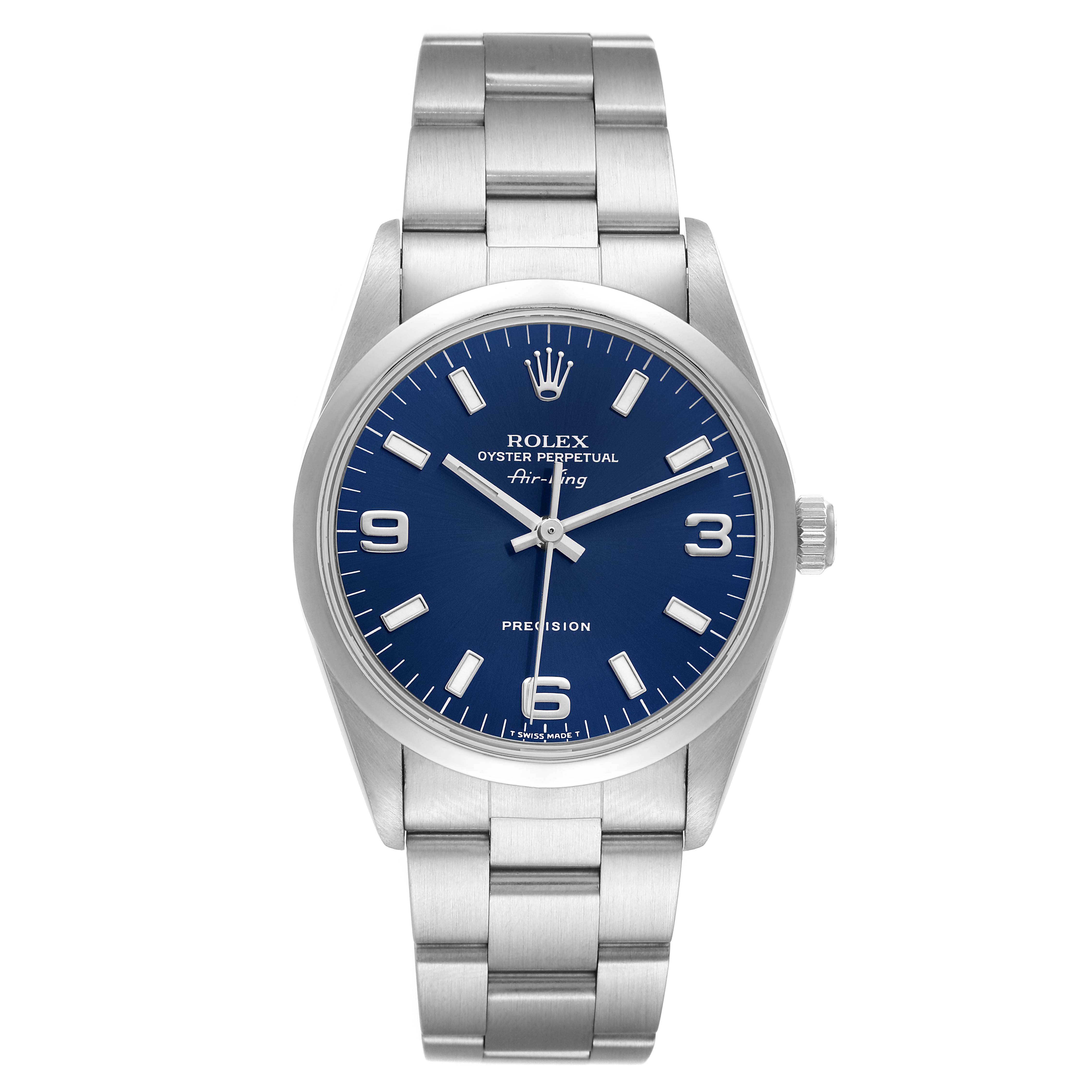 The Rolex Air-King 14000 Men's Stainless Steel Blue Dial 14000 Men's Stainless Steel Blue Dial watch is shown from the front, displaying its face, bezel, and bracelet.