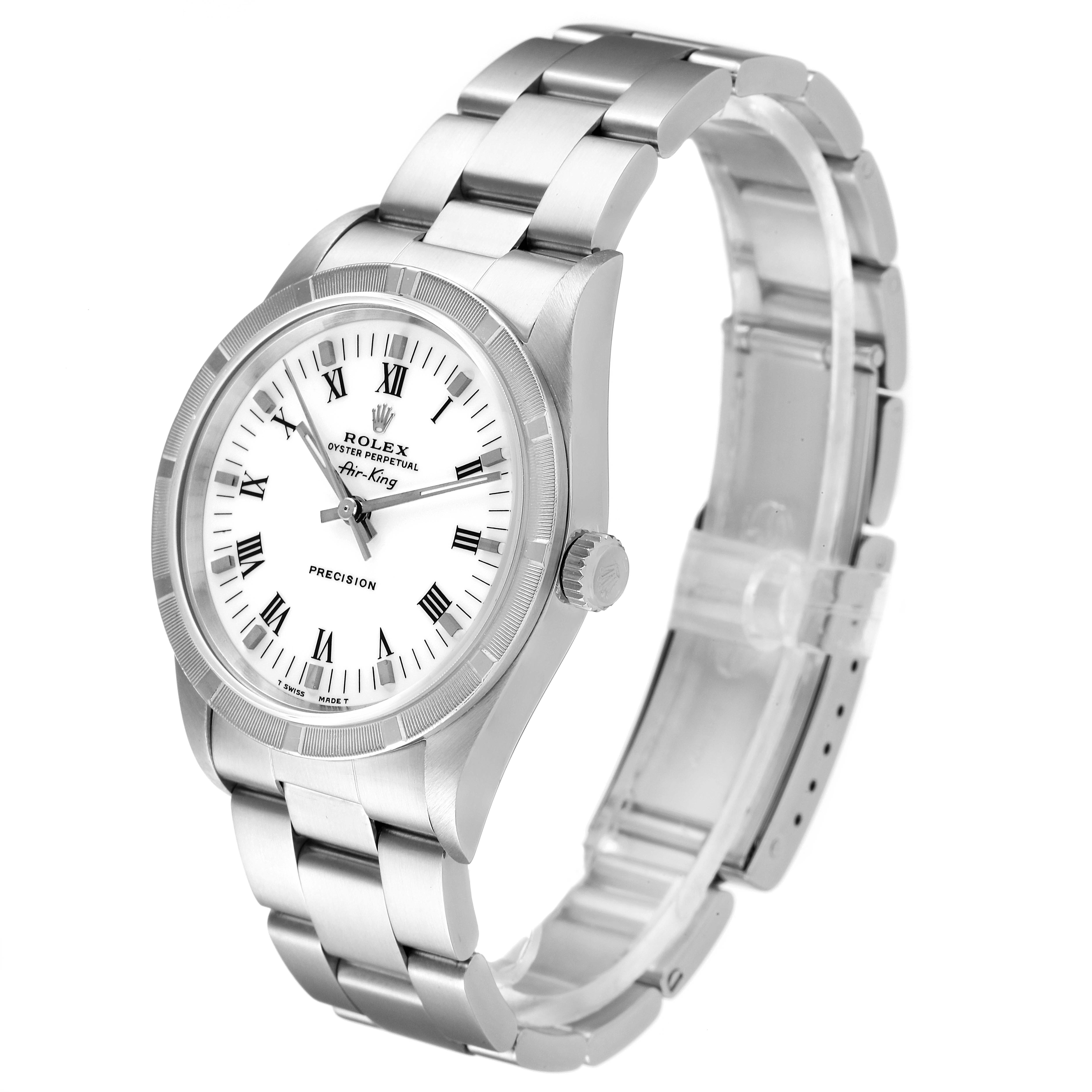 The Rolex Air-King 14010 Men's Stainless Steel White Dial 14010 Men's Stainless Steel White Dial watch is shown at a three-quarter angle, highlighting the dial, bezel, crown, and stainless steel bracelet.