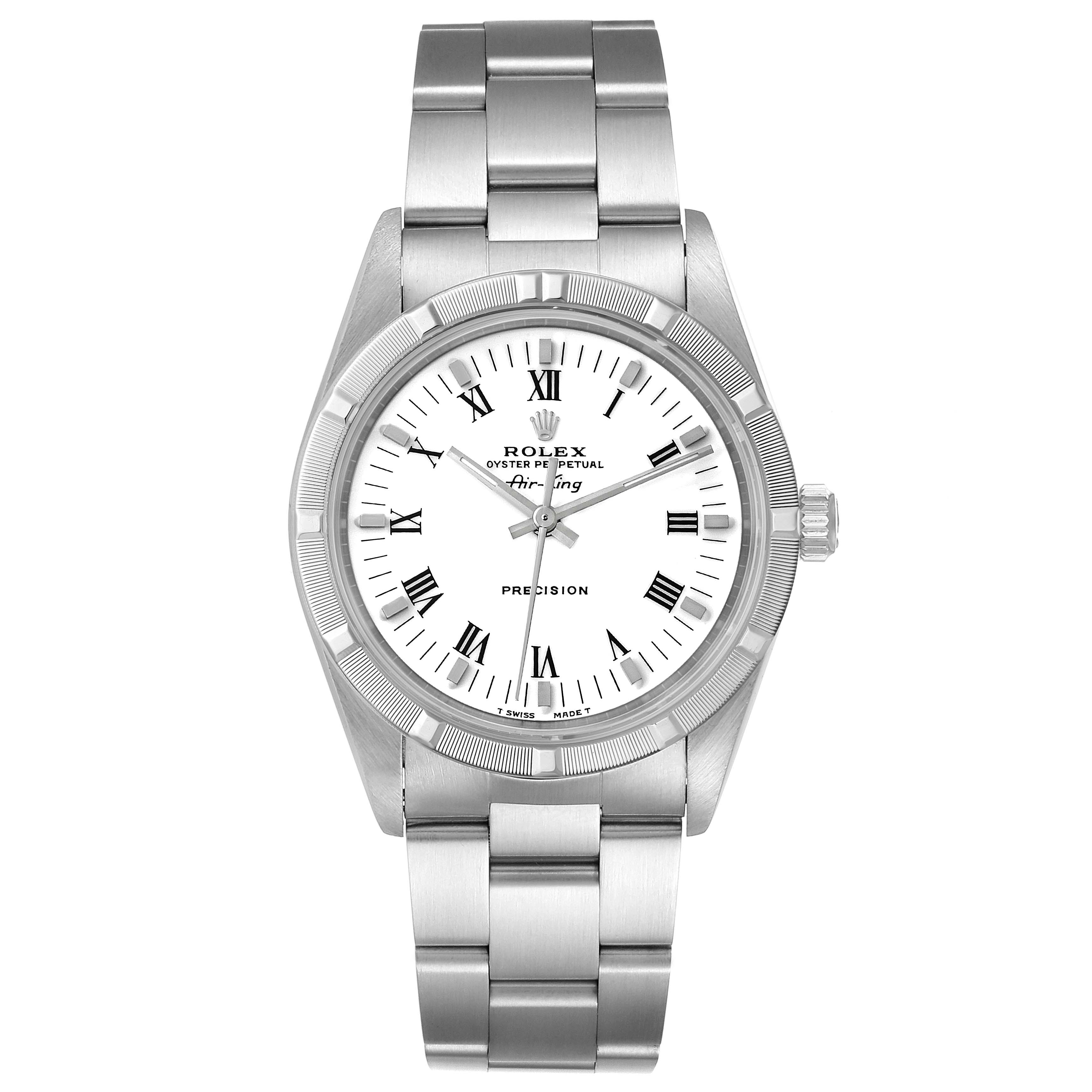 This image shows a front view of the Rolex Air-King 14010 Men's Stainless Steel White Dial 14010 Men's Stainless Steel White Dial watch, highlighting the dial, bezel, and stainless steel bracelet.