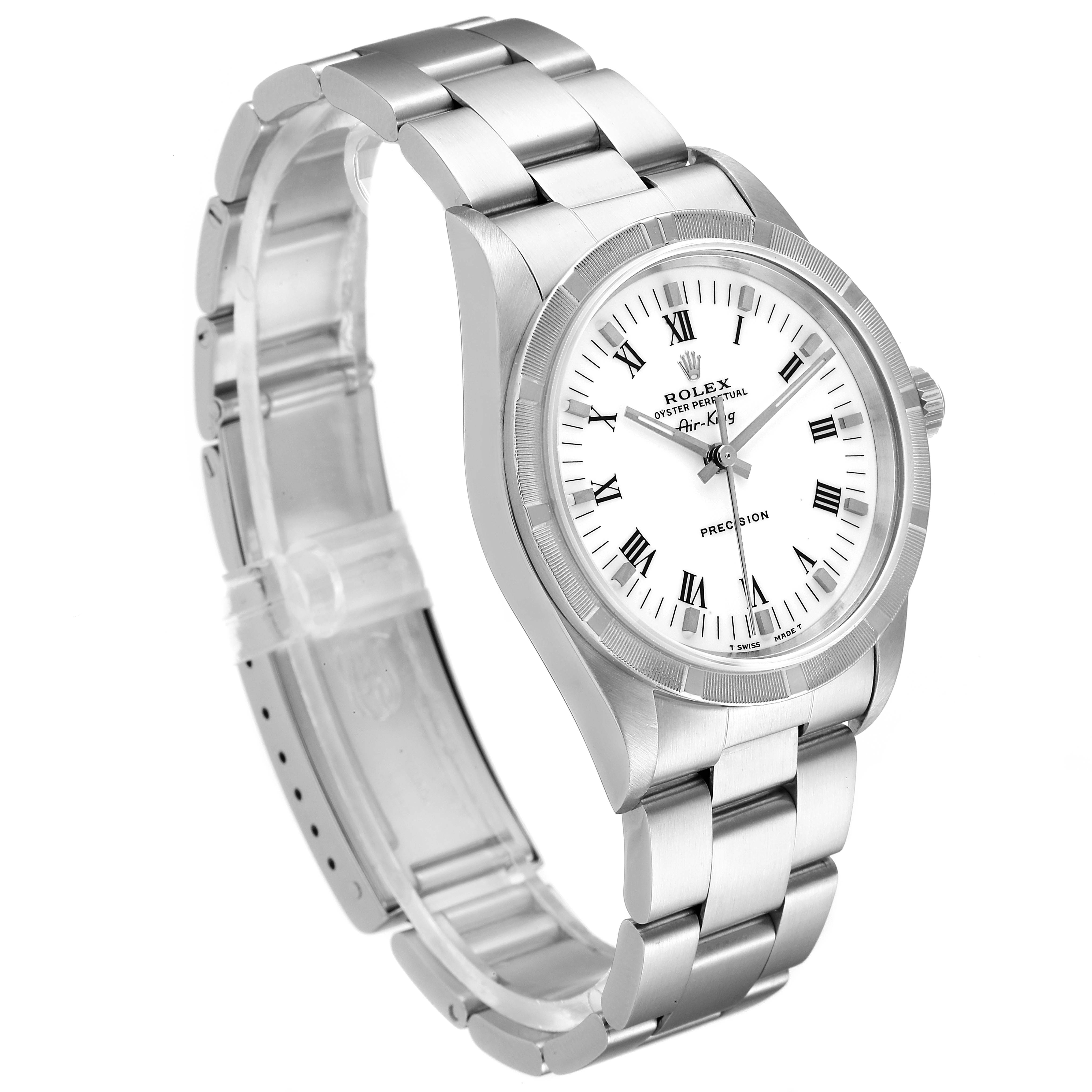 The image shows a Rolex Air-King 14010 Men's Stainless Steel White Dial 14010 Men's Stainless Steel White Dial watch at a three-quarter angle, highlighting the face, bezel, and stainless steel bracelet.