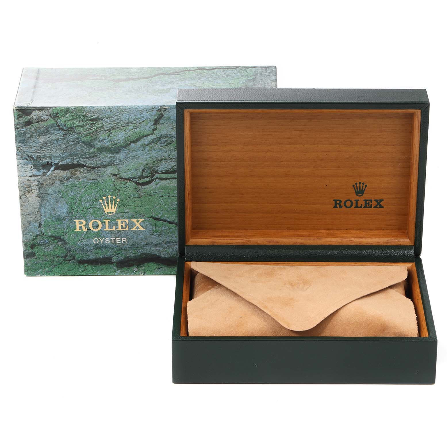 The image shows an open Rolex Air-King 14010 Men's Stainless Steel White Dial 14010 Men's Stainless Steel White Dial watch box with a tan suede pouch inside and the outer green decorative box beside it.
