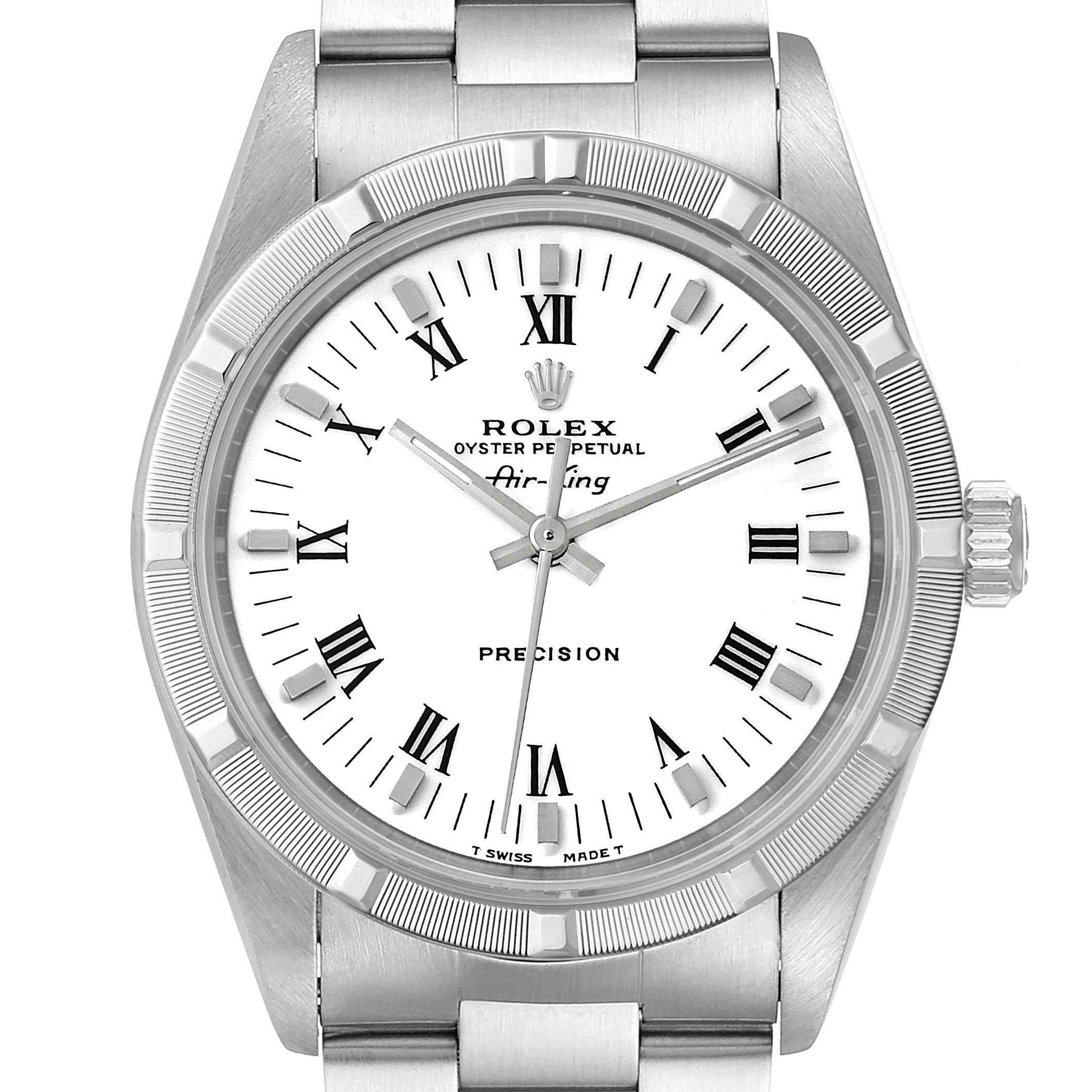 The image shows a front view of a Rolex Air-King 14010 Men's Stainless Steel White Dial 14010 Men's Stainless Steel White Dial watch, highlighting its white dial, Roman numerals, and stainless steel bracelet.
