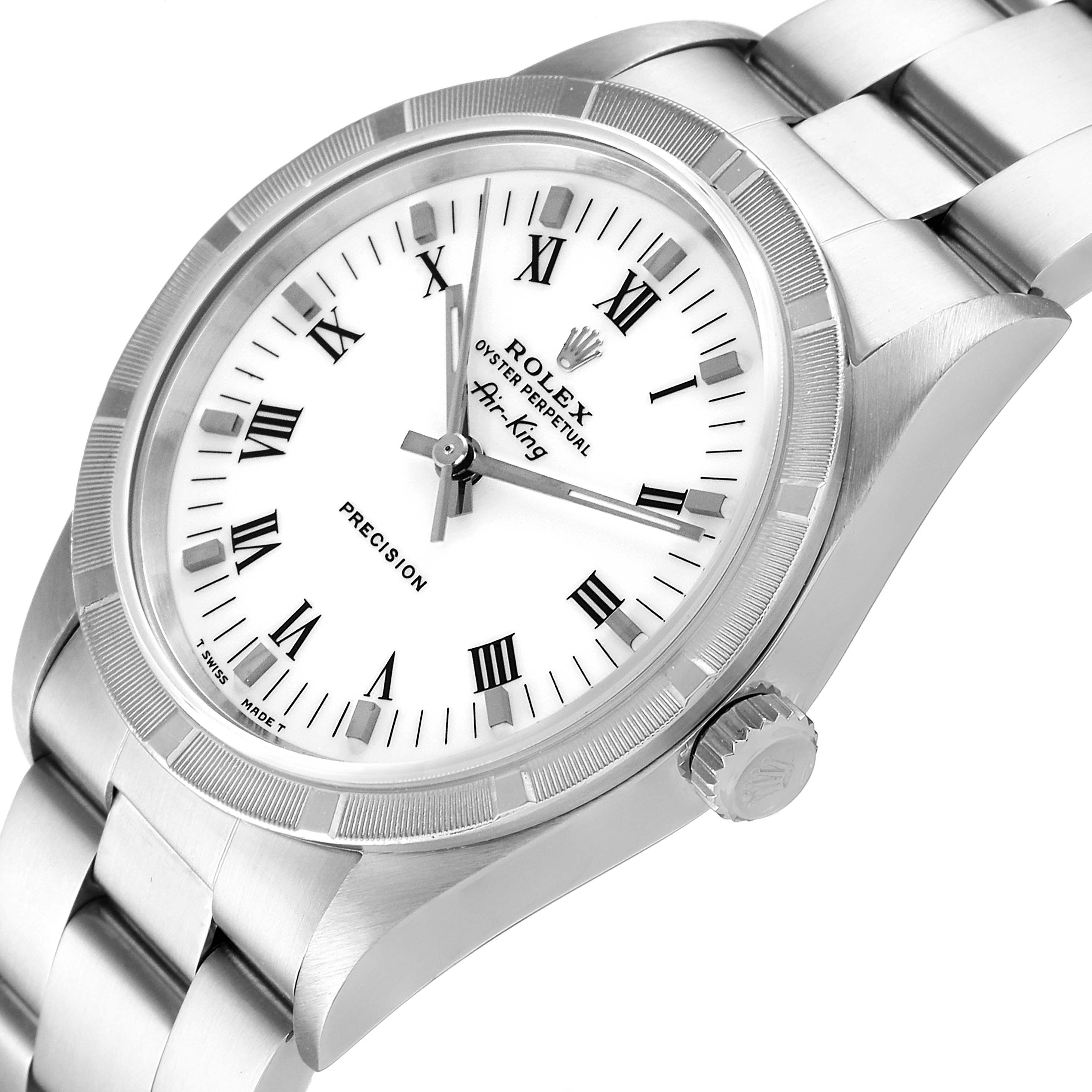 This image shows a Rolex Air-King 14010 Men's Stainless Steel White Dial 14010 Men's Stainless Steel White Dial watch from a tilted angle, highlighting the face, bezel, crown, and bracelet.