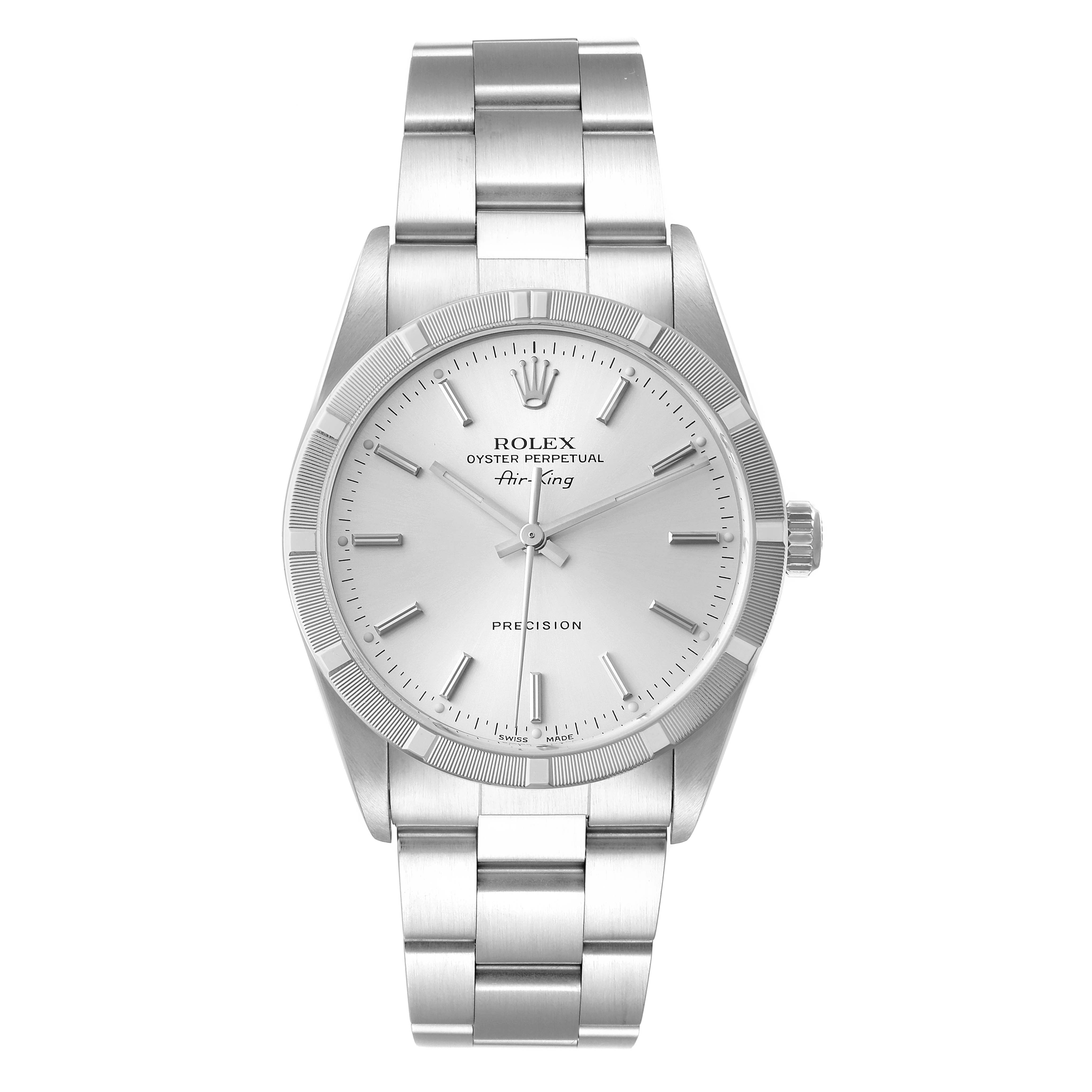 This image shows a front view of a Rolex Air-King 14010 Men's Stainless Steel Silver Dial 14010 Men's Stainless Steel Silver Dial watch, including its dial, hands, crown, and stainless steel bracelet.
