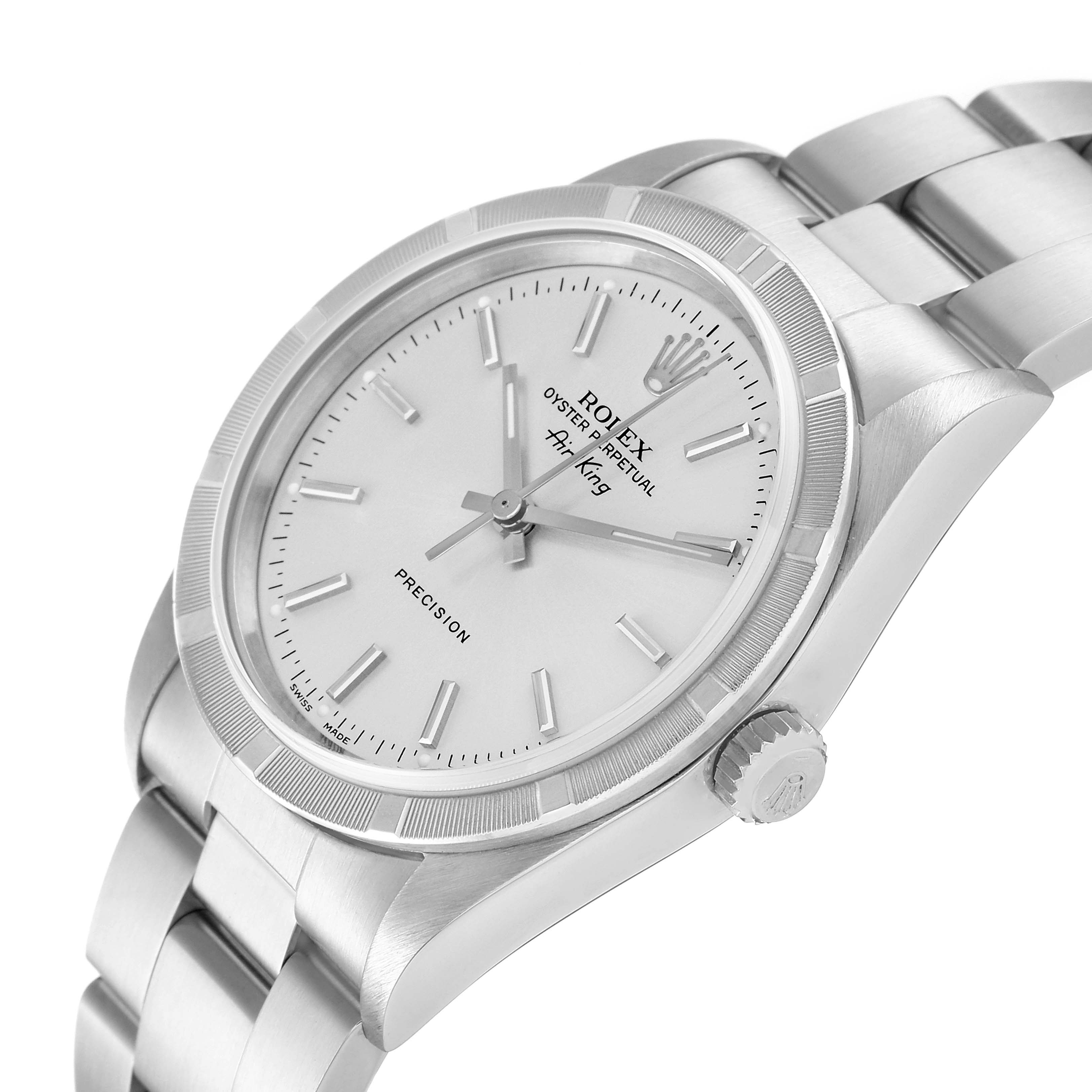 The image shows a Rolex Air-King 14010 Men's Stainless Steel Silver Dial 14010 Men's Stainless Steel Silver Dial watch at an angled close-up, highlighting the face, bezel, crown, and part of the bracelet.