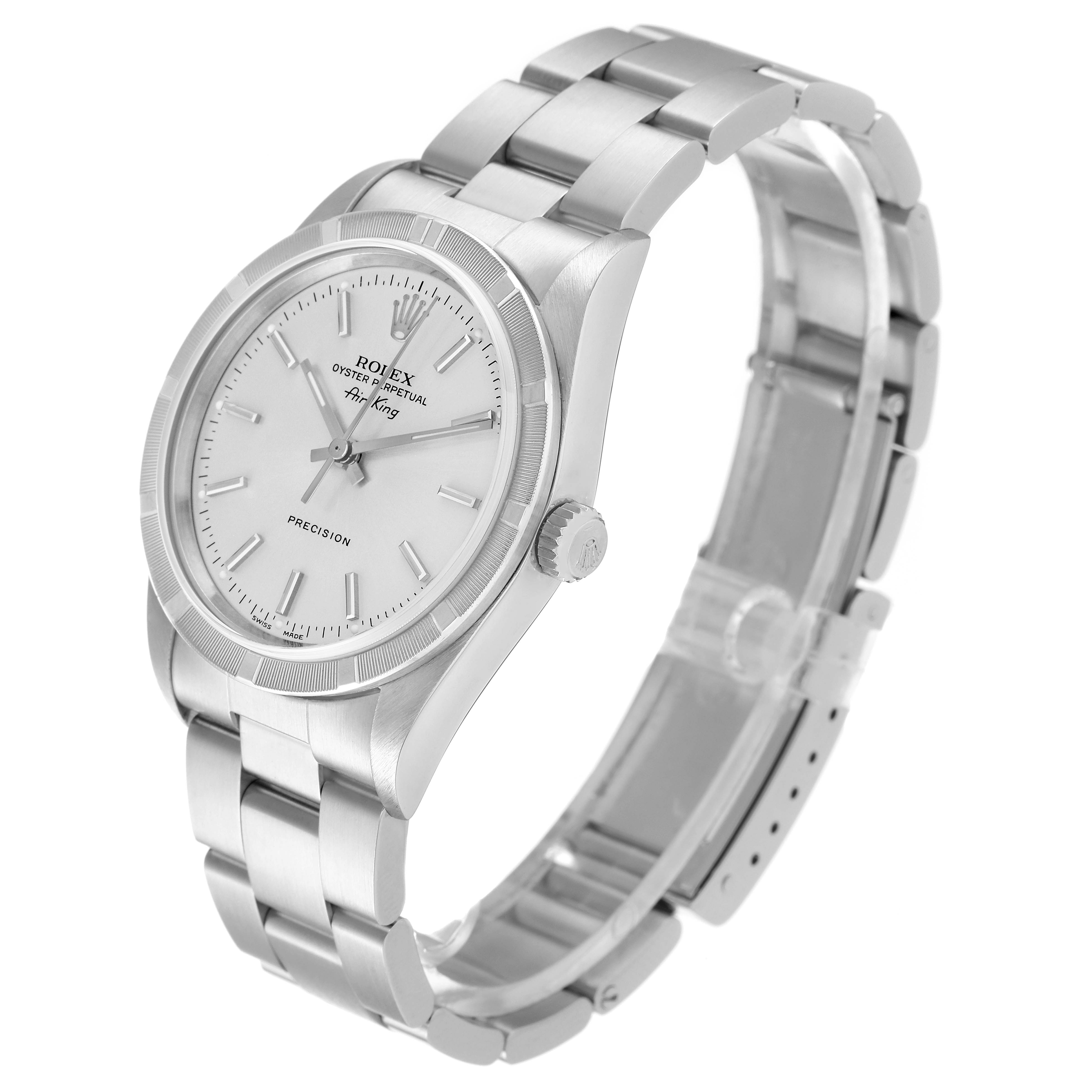 The Rolex Air-King 14010 Men's Stainless Steel Silver Dial 14010 Men's Stainless Steel Silver Dial watch is shown at an oblique angle, displaying its face, bezel, crown, and bracelet.