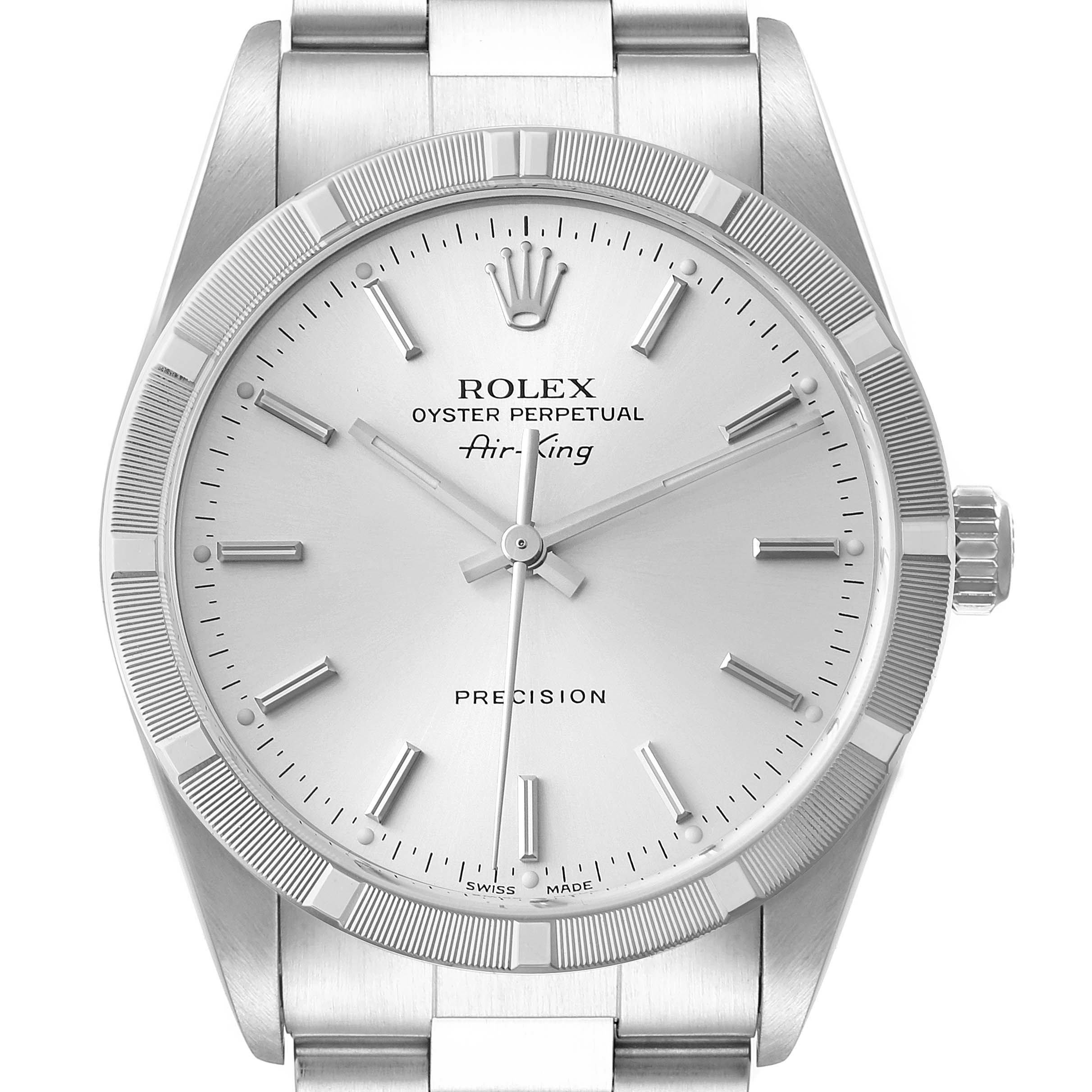 The image shows a front view of the Rolex Air-King 14010 Men's Stainless Steel Silver Dial 14010 Men's Stainless Steel Silver Dial watch, highlighting its dial, bezel, crown, and part of the bracelet.