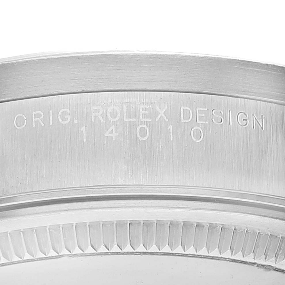 This is a close-up image of the case back of a Rolex Air-King 14010 Men's Stainless Steel Silver Dial 14010 Men's Stainless Steel Silver Dial watch, showing its engraved text and model number 14010.