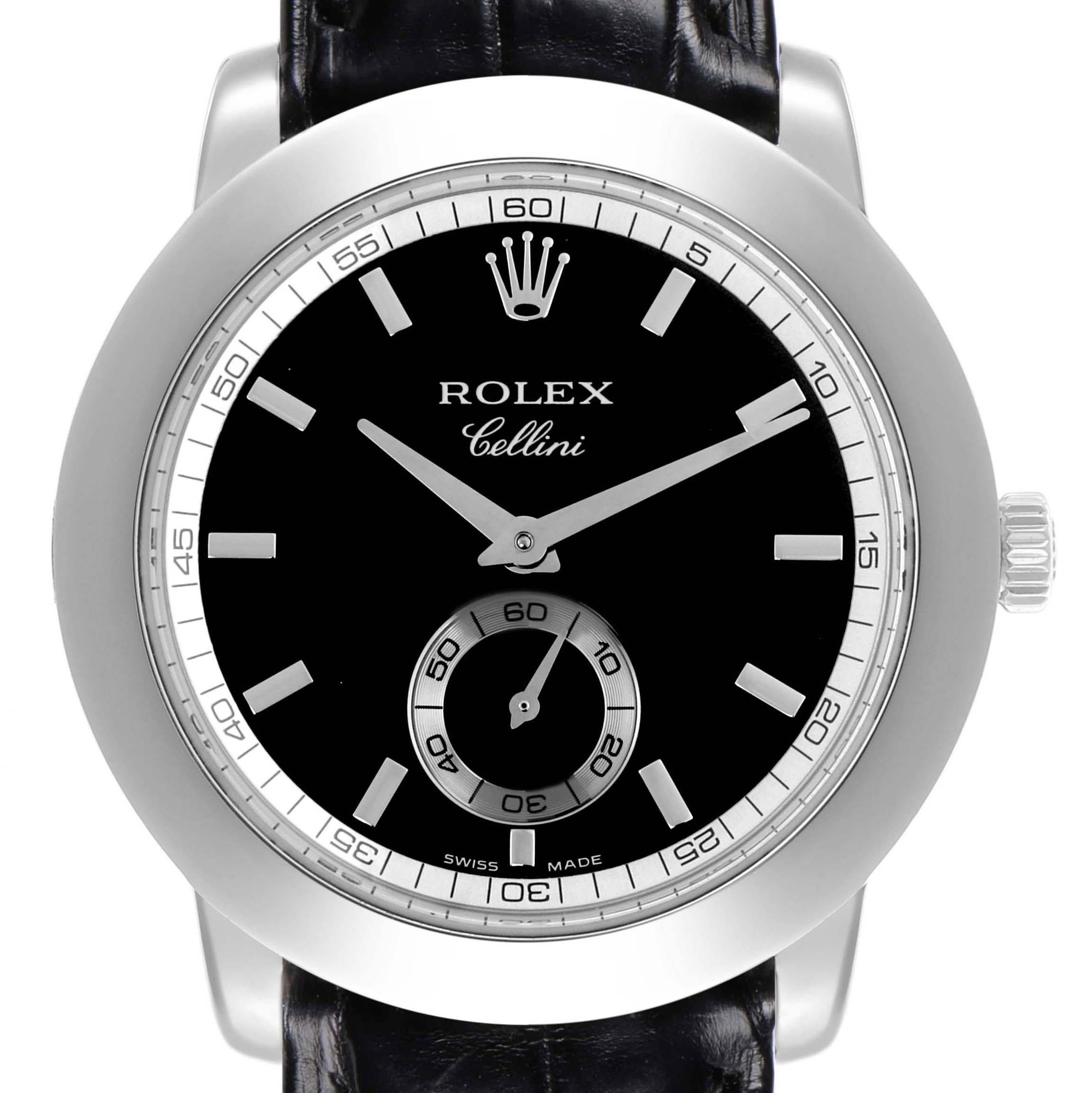 The Rolex Cellini 5241/6 Men
s Platinum Black Dial watch is shown from a front angle, displaying its dial, bezel, and crown.