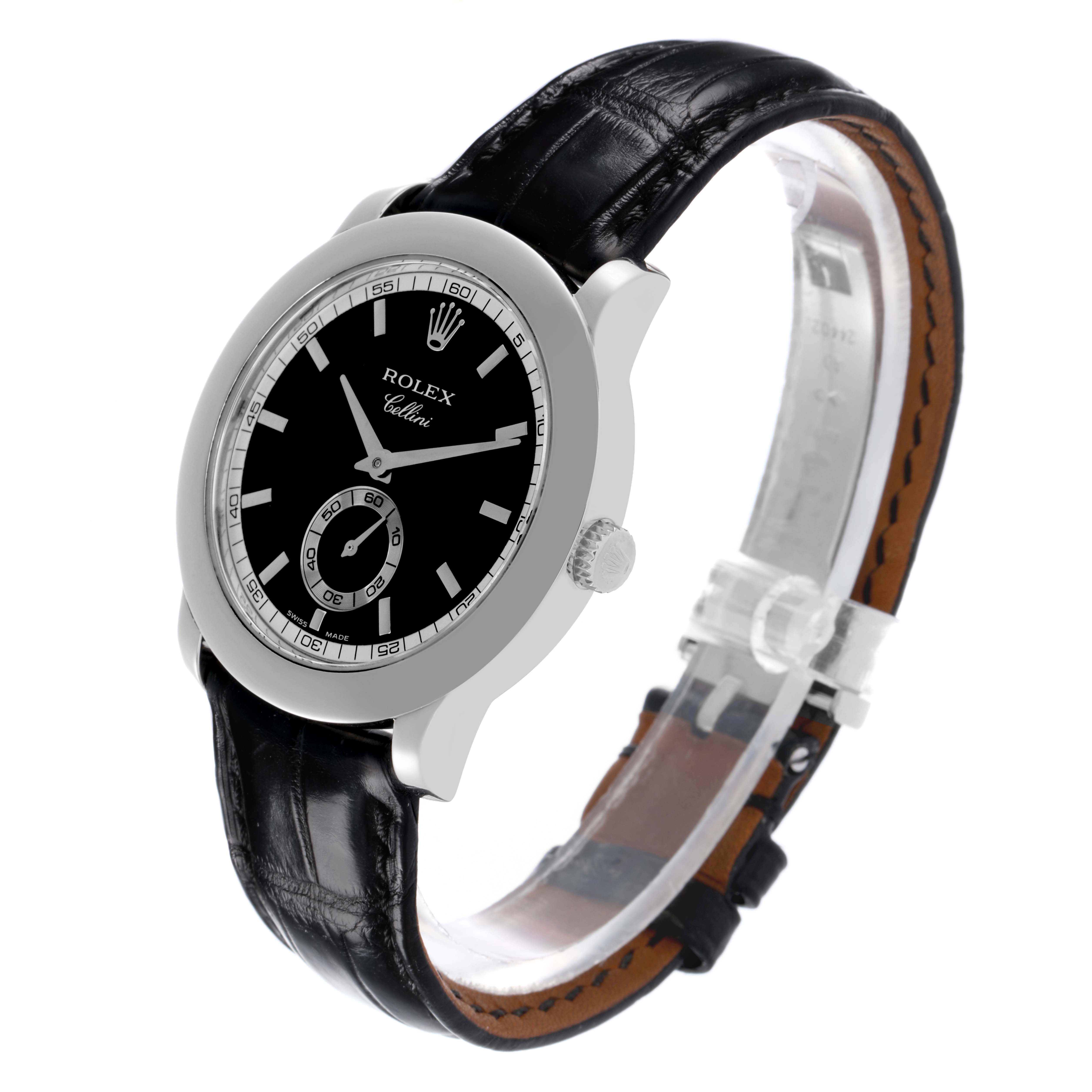 The Rolex Cellini 5241/6 Men
s Platinum Black Dial watch is shown from an angled side view, displaying its black dial, markers, case, and leather strap.