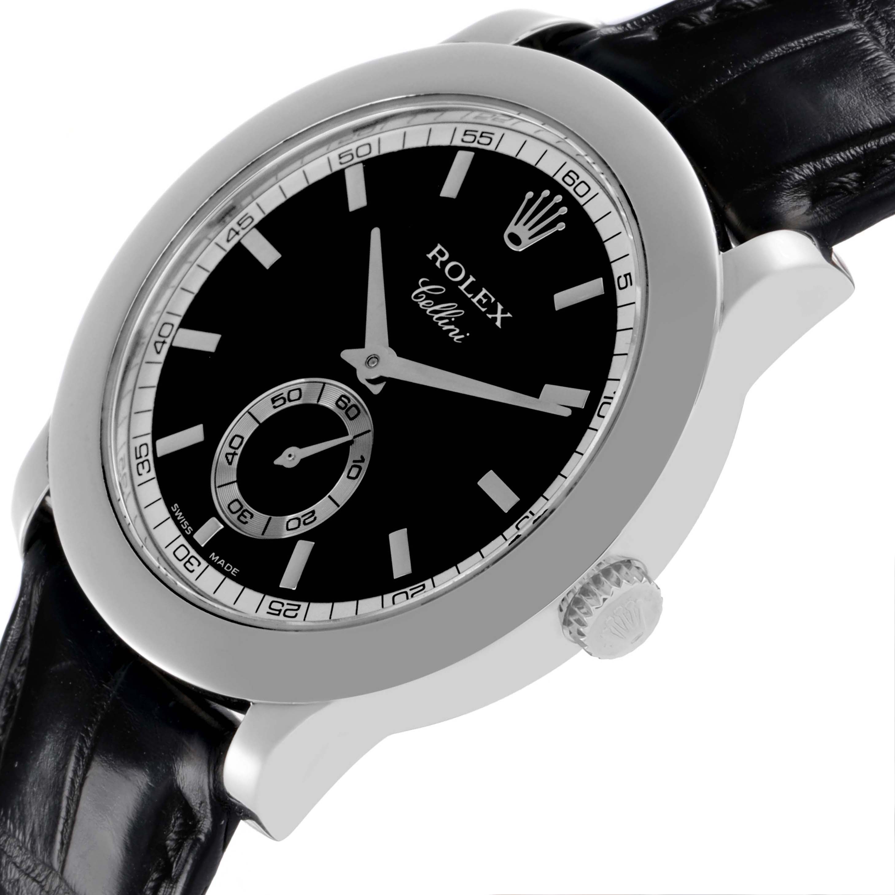 The Rolex Cellini 5241/6 Men
s Platinum Black Dial watch is shown at an angled view highlighting the dial, case, crown, and a leather strap.