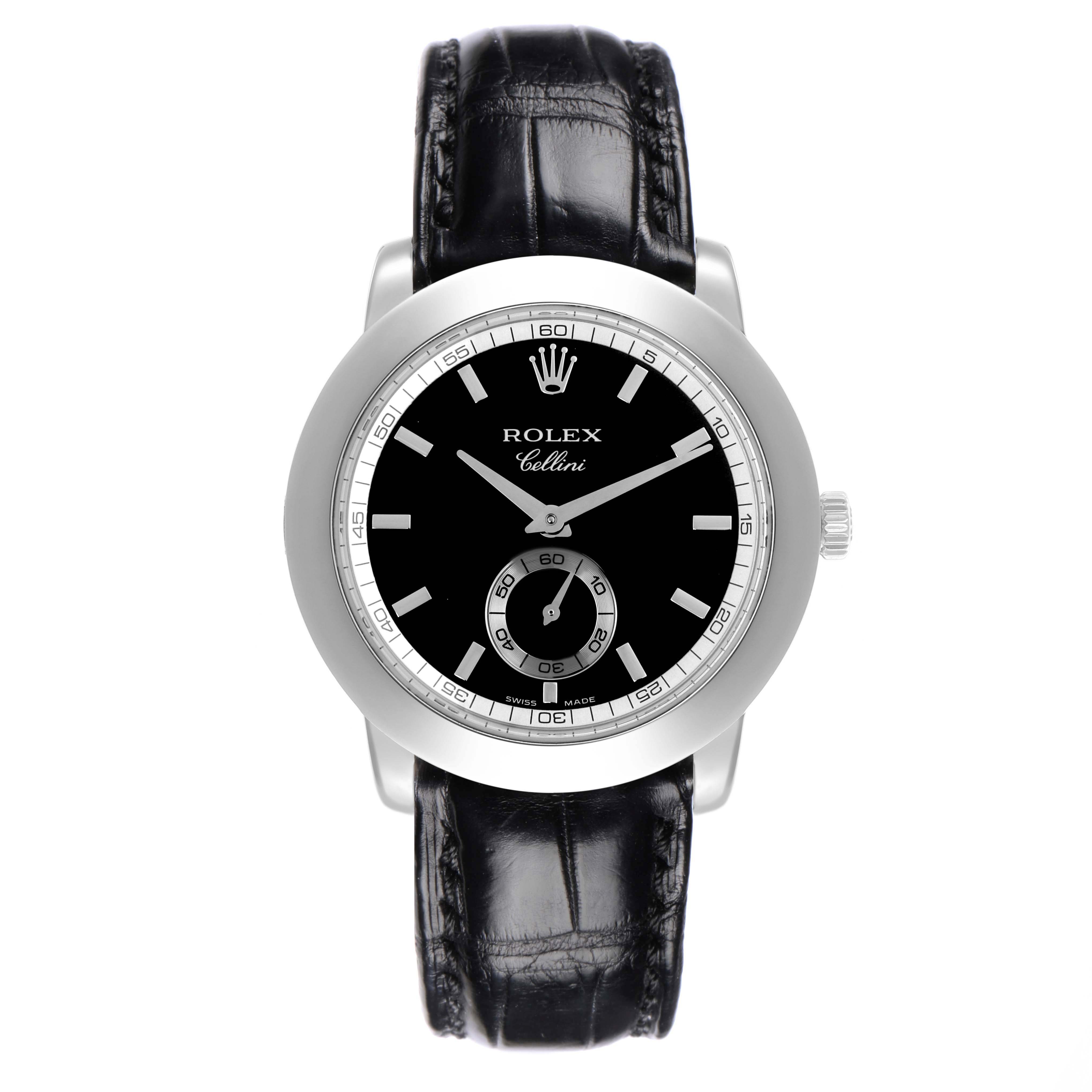 The Rolex Cellini 5241/6 Men
s Platinum Black Dial watch is shown from a top-down angle, highlighting the black dial, leather strap, and silver bezel.