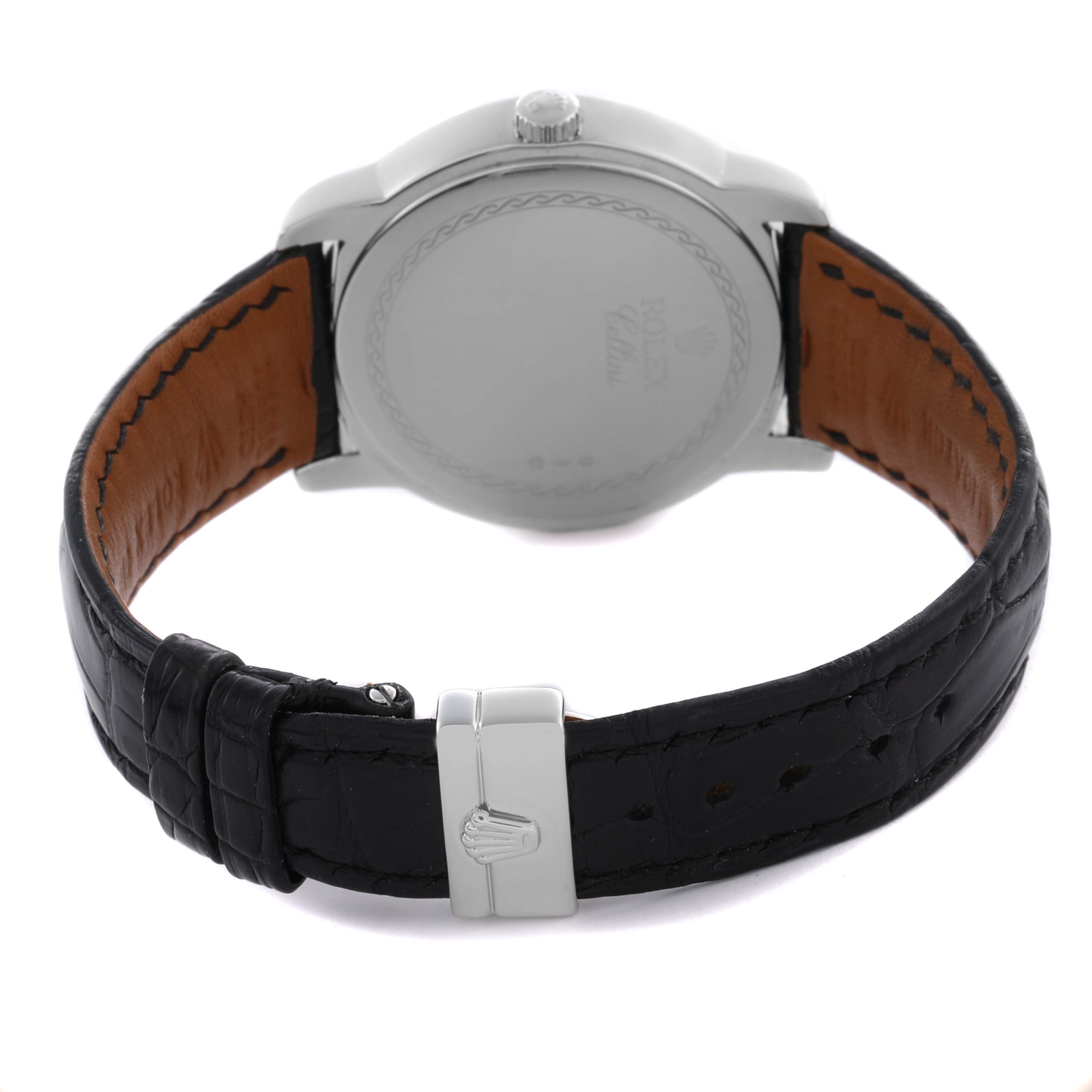 The image shows the back of the Rolex Cellini 5241/6 Men
s Platinum Black Dial watch, highlighting the case back, leather strap, and clasp.