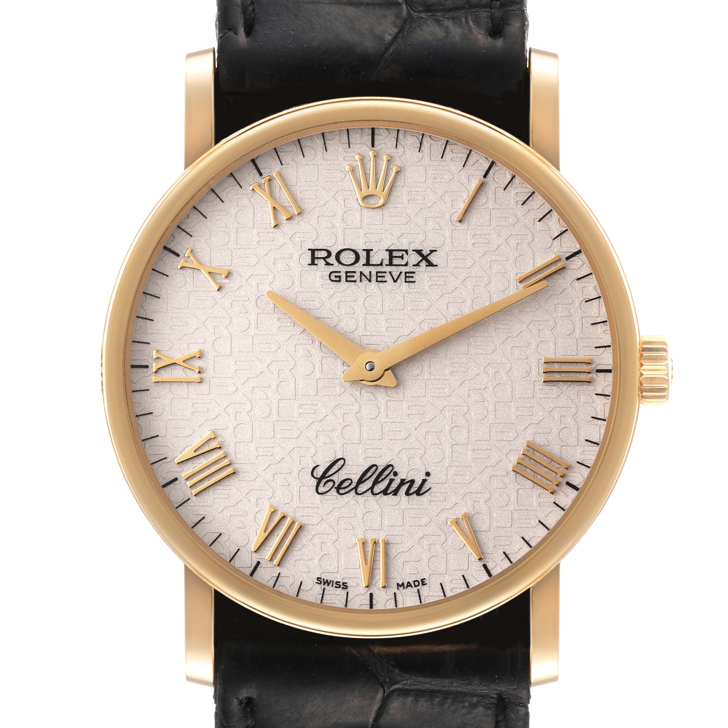 The image shows a front view of a Rolex Cellini 5115 Men's Yellow Gold Beige Dial 5115 Men's Yellow Gold Beige Dial watch, featuring its face, hands, and part of the leather strap.