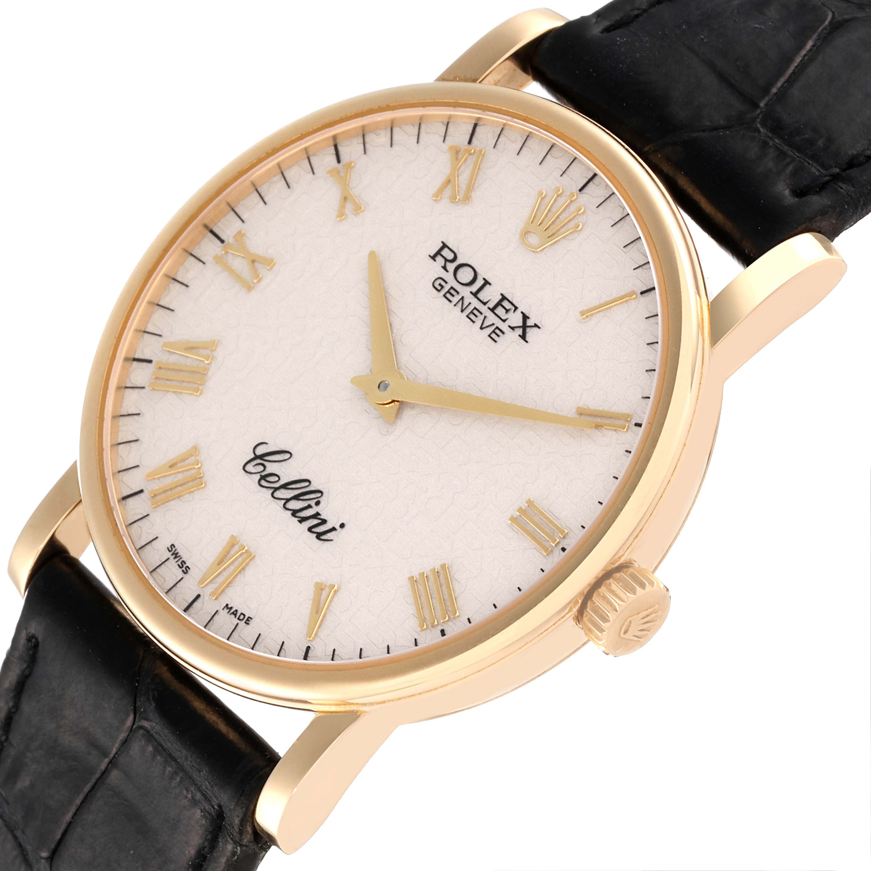 The Rolex Cellini 5115 Men's Yellow Gold Beige Dial 5115 Men's Yellow Gold Beige Dial watch is shown from an angled front view, highlighting its gold case, white dial, Roman numerals, and black leather strap.