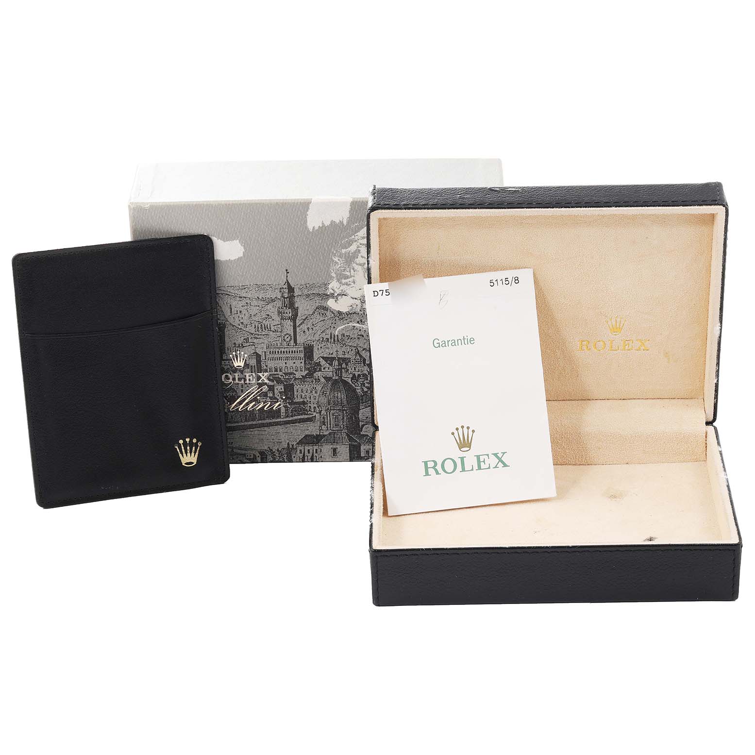 This image shows the packaging, warranty card, and booklet for a Rolex Cellini 5115 Men's Yellow Gold Beige Dial 5115 Men's Yellow Gold Beige Dial model watch.