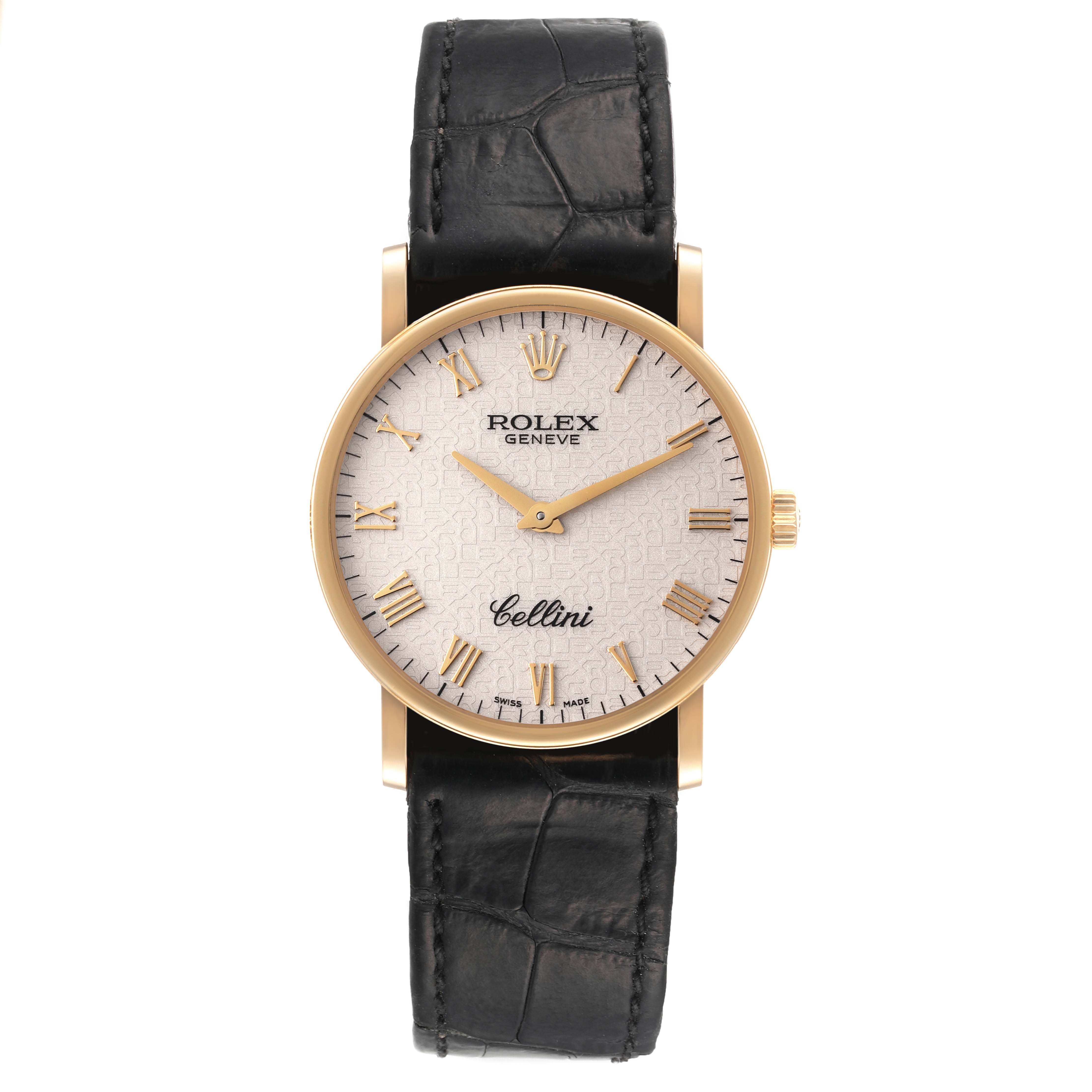 The image shows a front view of the Rolex Cellini 5115 Men's Yellow Gold Beige Dial 5115 Men's Yellow Gold Beige Dial watch, showcasing its dial and black leather strap.