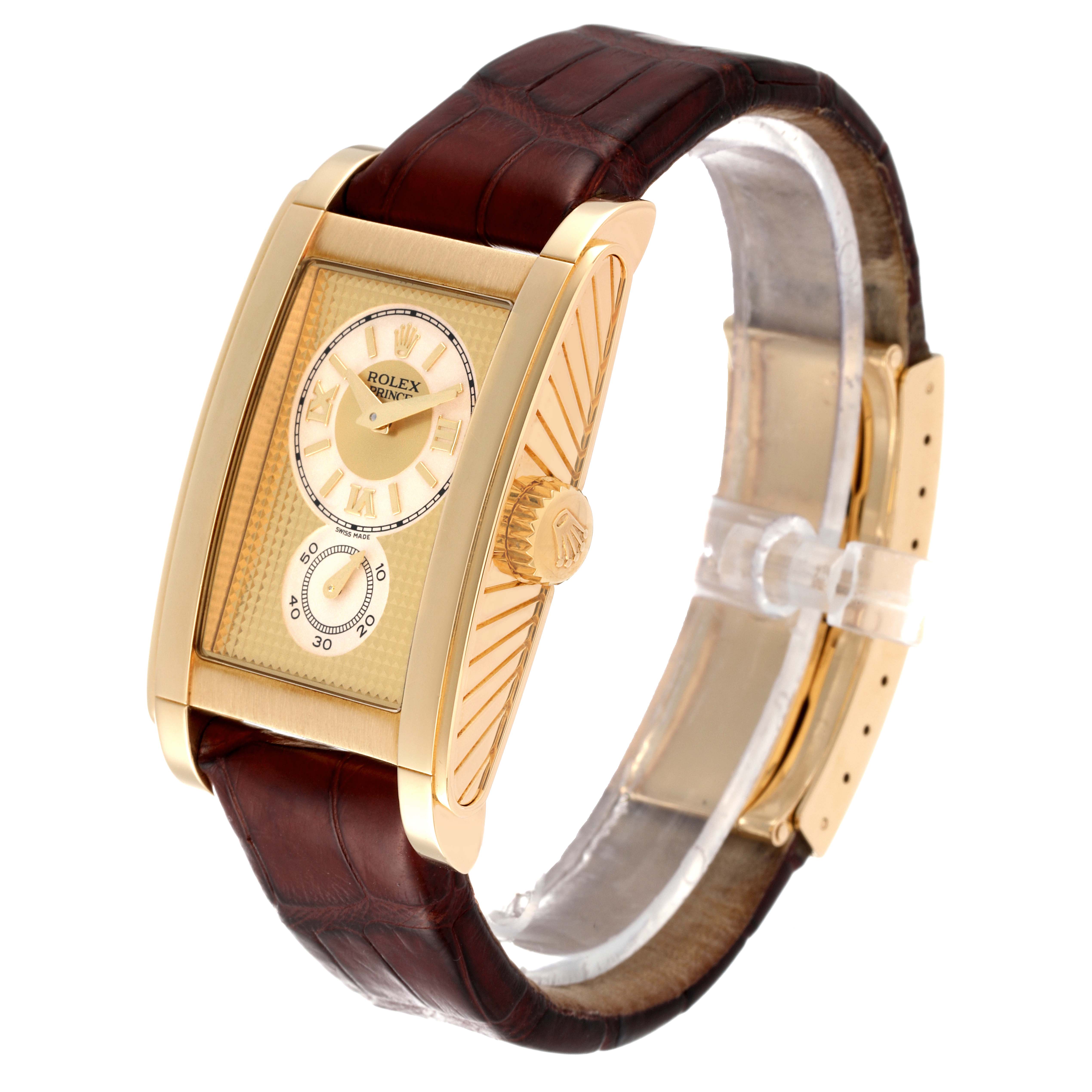 This image shows a Rolex Cellini 5440/8 Men
s Yellow Gold Champagne Dial 5440/8 Men
s Yellow Gold Champagne Dial watch at a three-quarter angle featuring its dial, crown, and leather strap.