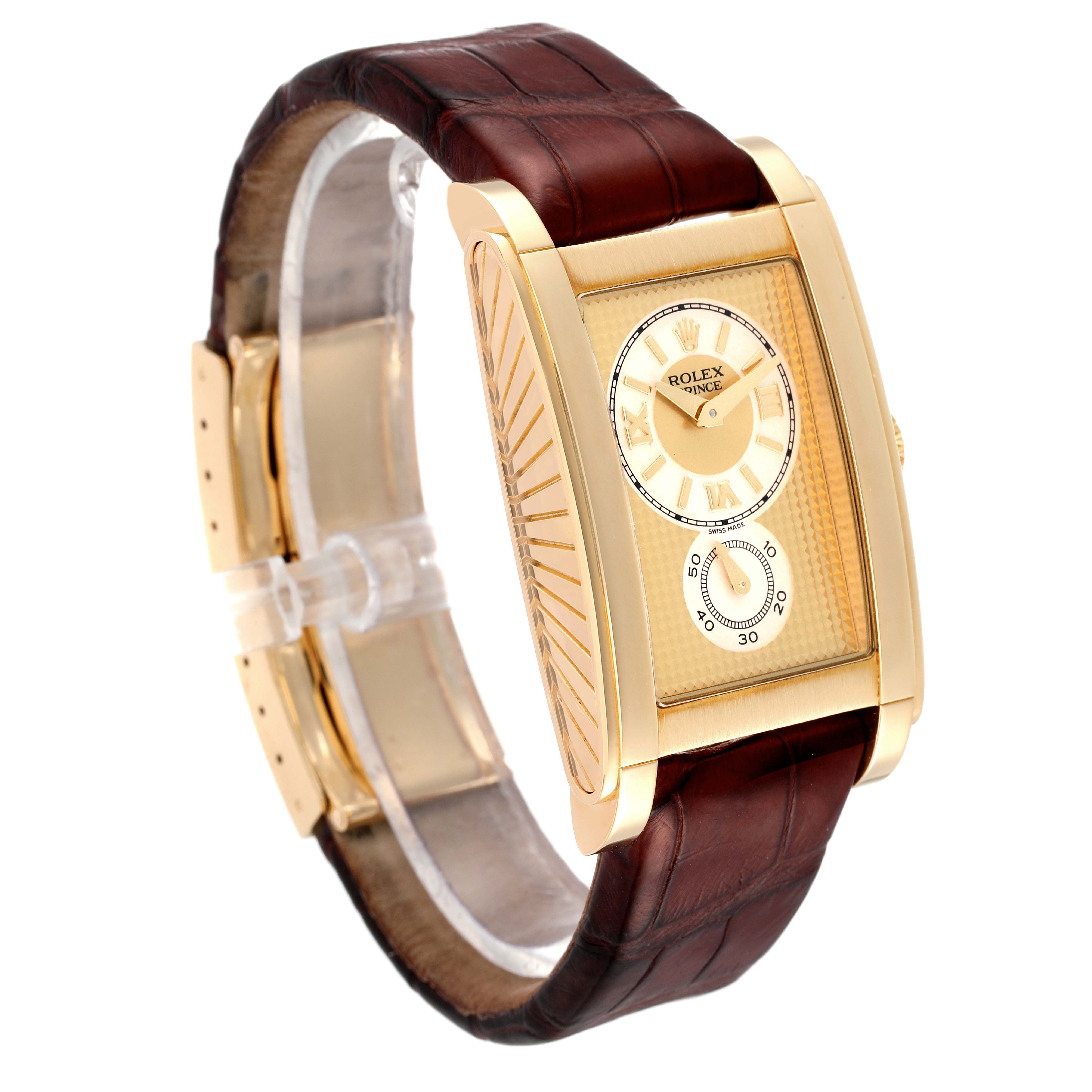 The image shows a Rolex Cellini 5440/8 Men
s Yellow Gold Champagne Dial 5440/8 Men
s Yellow Gold Champagne Dial Prince watch at a slight angle, highlighting its gold case and brown leather strap.