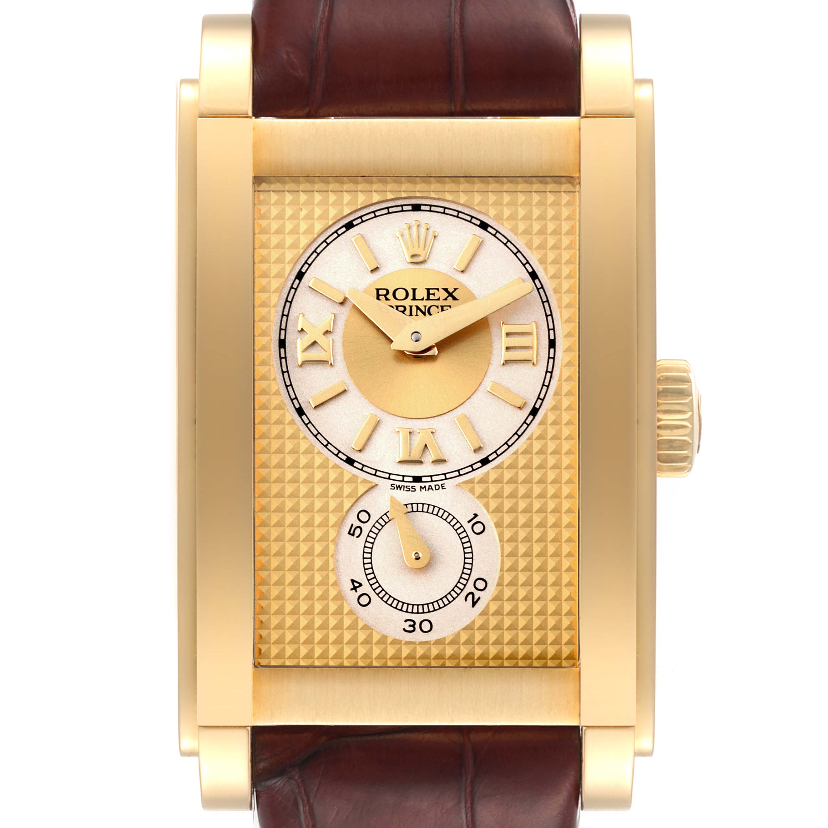The image shows a front-facing view of a Rolex Cellini 5440/8 Men
s Yellow Gold Champagne Dial 5440/8 Men
s Yellow Gold Champagne Dial Prince watch, highlighting the dial, gold case, and part of the leather strap.
