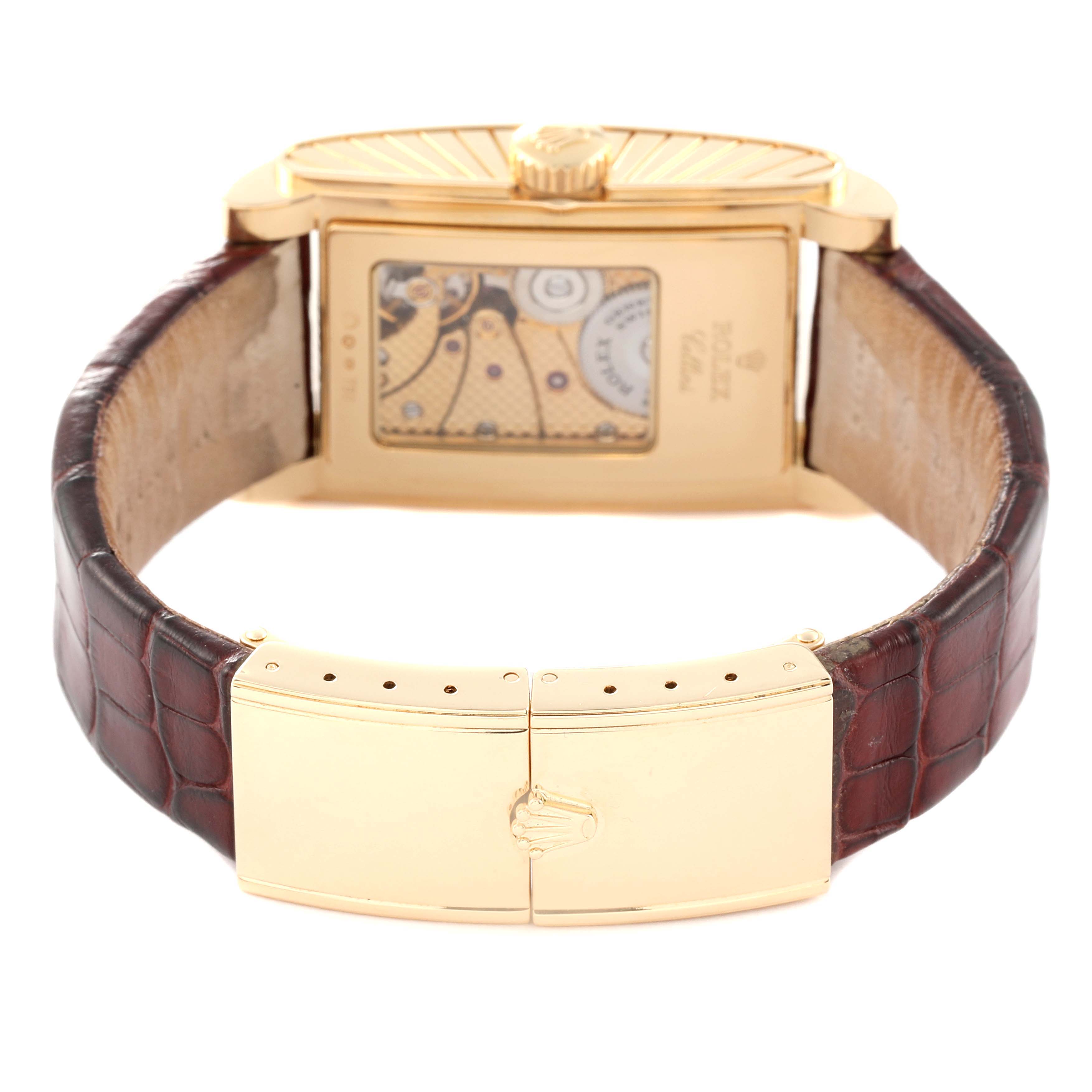 This image shows the rear view of a Rolex Cellini 5440/8 Men
s Yellow Gold Champagne Dial 5440/8 Men
s Yellow Gold Champagne Dial watch, focusing on its leather strap and gold clasp.