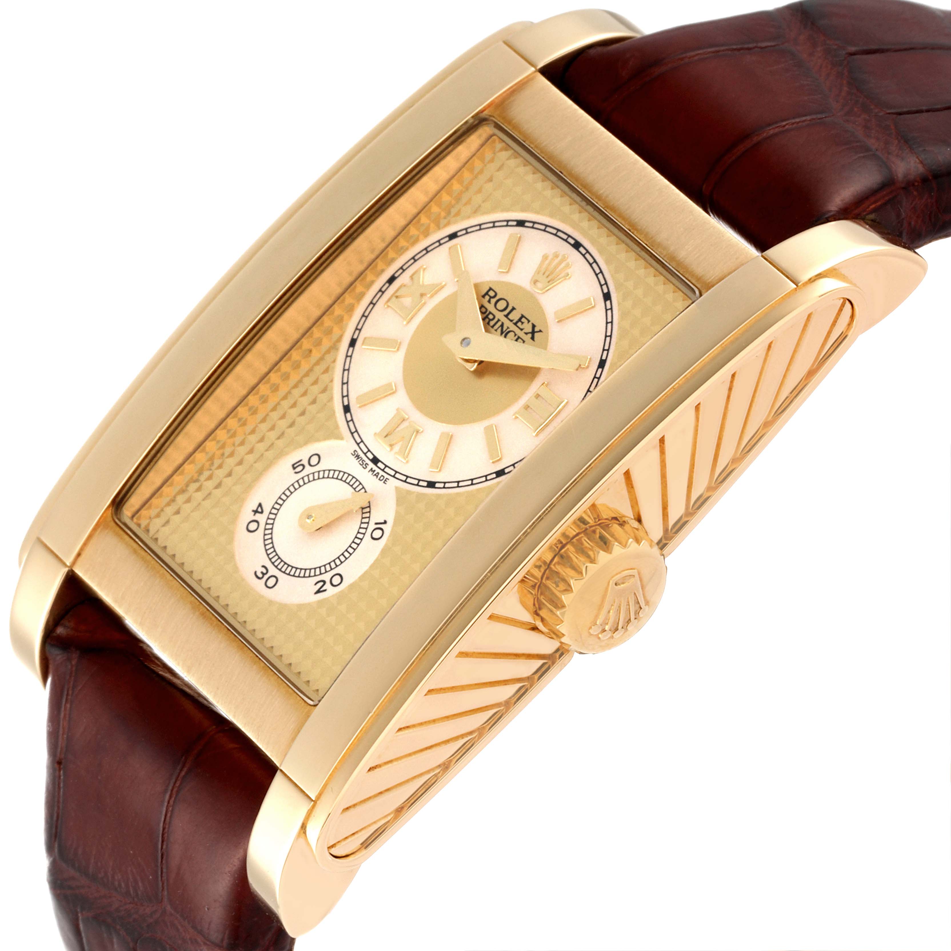 The image shows a Rolex Cellini 5440/8 Men
s Yellow Gold Champagne Dial 5440/8 Men
s Yellow Gold Champagne Dial Prince watch at an angle highlighting the gold case, dial, crown, and brown leather strap.