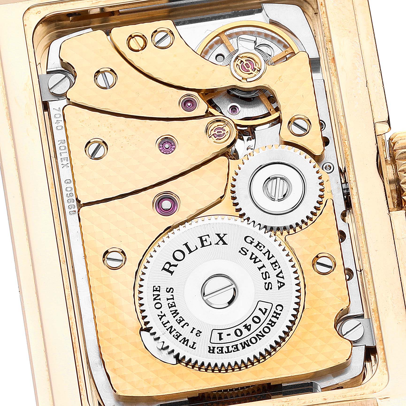 The image shows a close-up view of the movement mechanism of a Rolex Cellini 5440/8 Men
s Yellow Gold Champagne Dial 5440/8 Men
s Yellow Gold Champagne Dial watch.