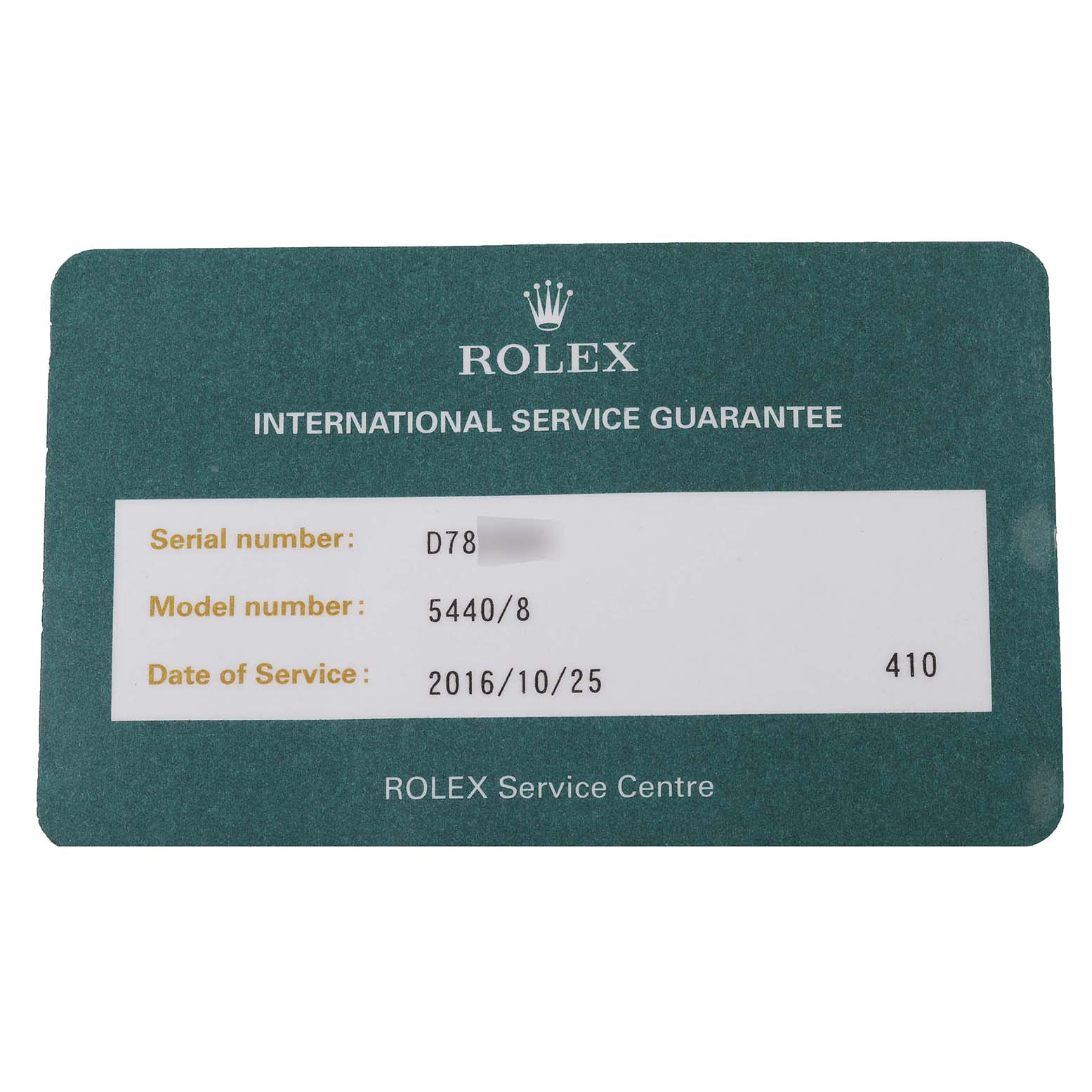 The image shows a Rolex International Service Guarantee card for the Cellini model.