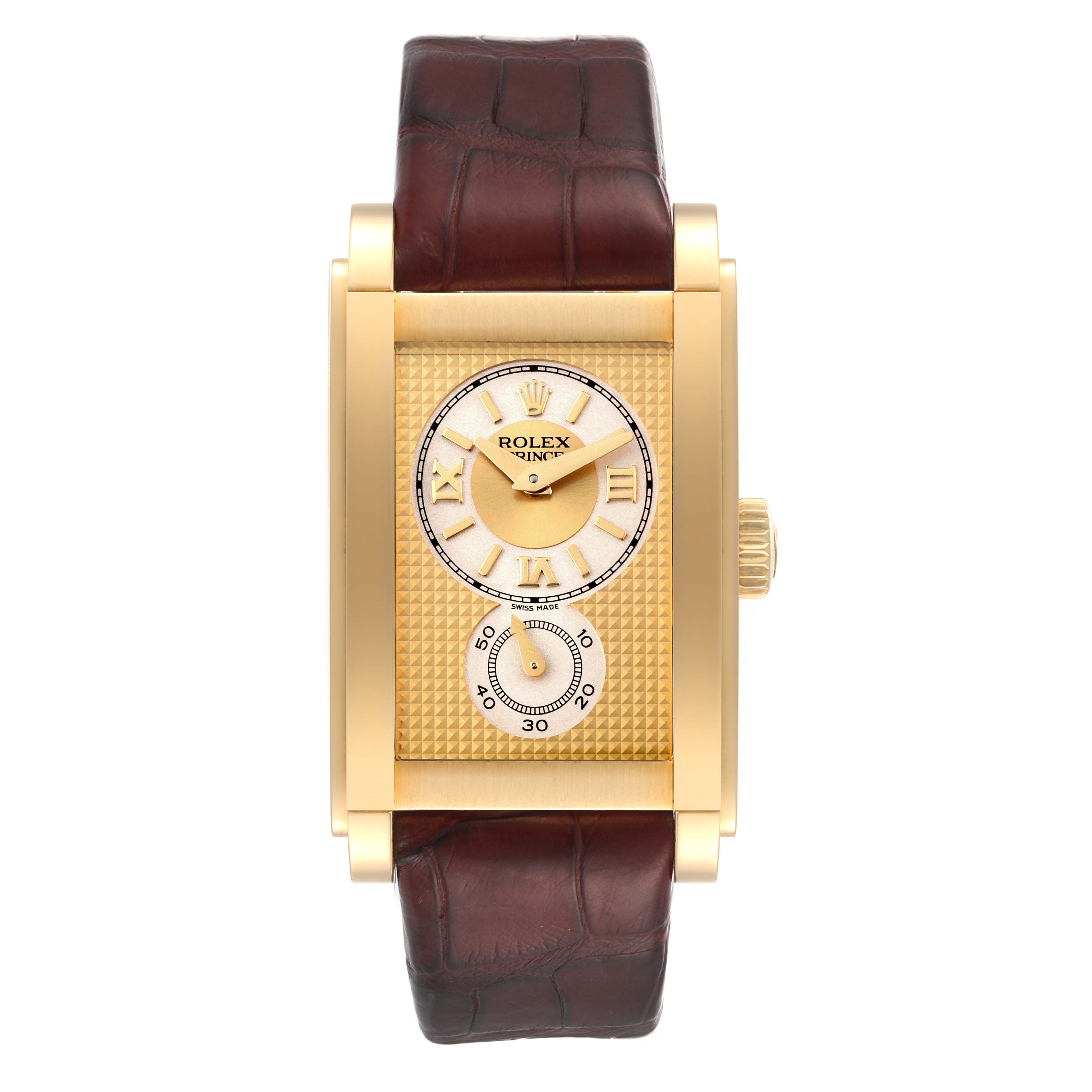 This is a frontal view of a Rolex Cellini 5440/8 Men
s Yellow Gold Champagne Dial 5440/8 Men
s Yellow Gold Champagne Dial Prince watch showing its rectangular gold case, dial, and brown leather strap.