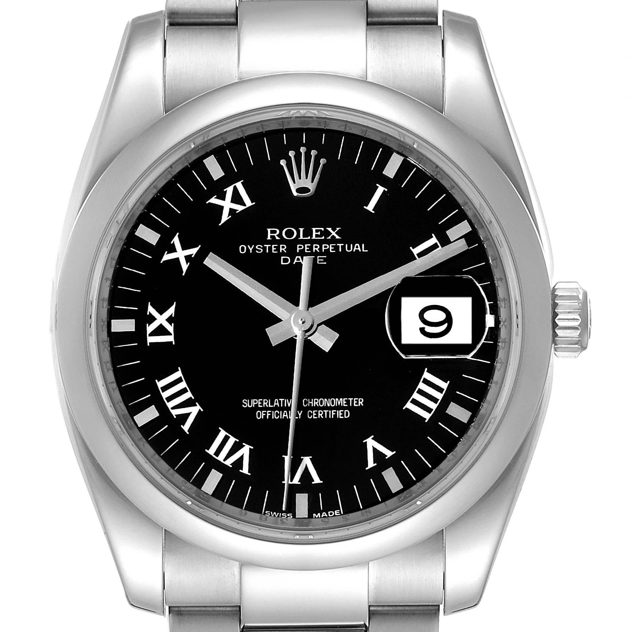 This image shows a front view of a Rolex Oyster Perpetual Date watch with a black dial, Roman numerals, and date window at 3 o'clock.