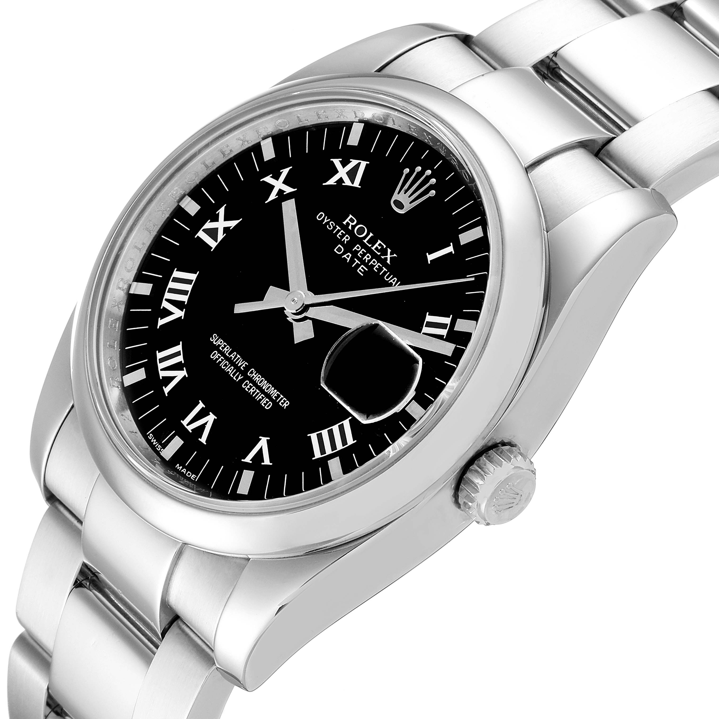 The image shows a close-up angle of a Rolex Date 115200 Men's Stainless Steel Black Dial 115200 Men's Stainless Steel Black Dial model watch featuring the dial, bezel, and part of the bracelet.