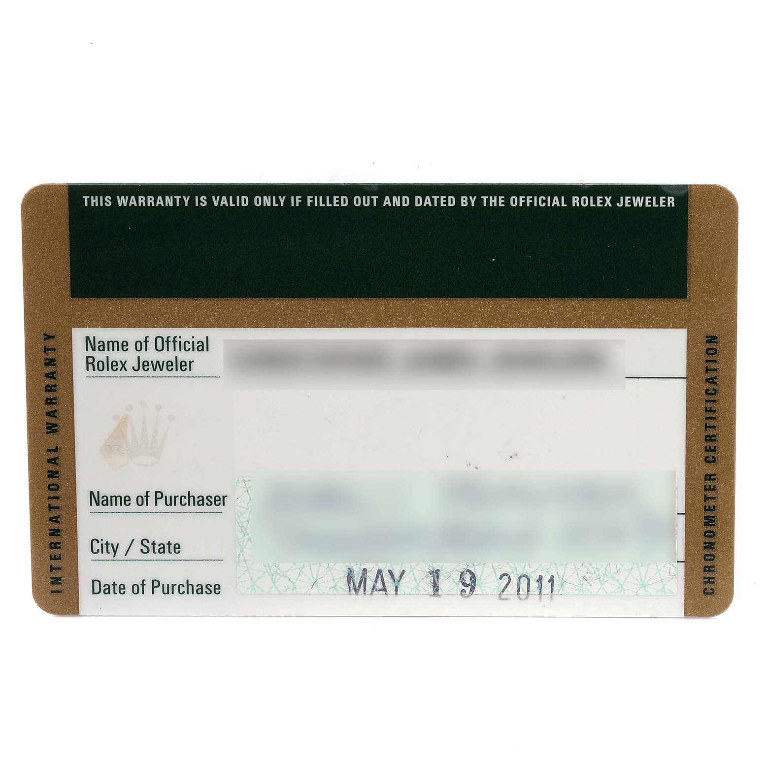 This image shows a dated and filled out International Warranty card for a Rolex Date 115200 Men's Stainless Steel Black Dial 115200 Men's Stainless Steel Black Dial model watch.