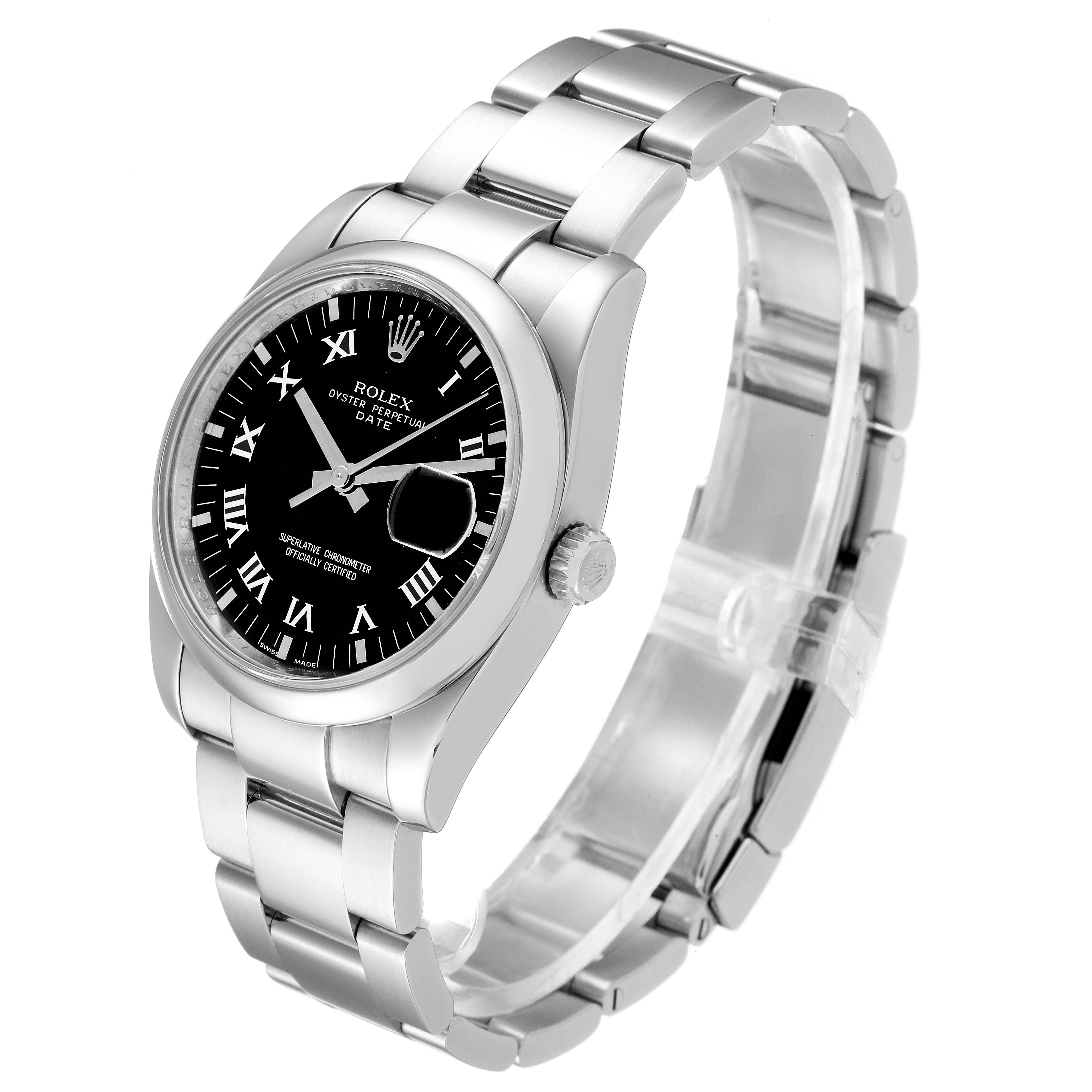 This image shows a Rolex Date 115200 Men's Stainless Steel Black Dial 115200 Men's Stainless Steel Black Dial model watch angled to display its face, bezel, crown, and bracelet.