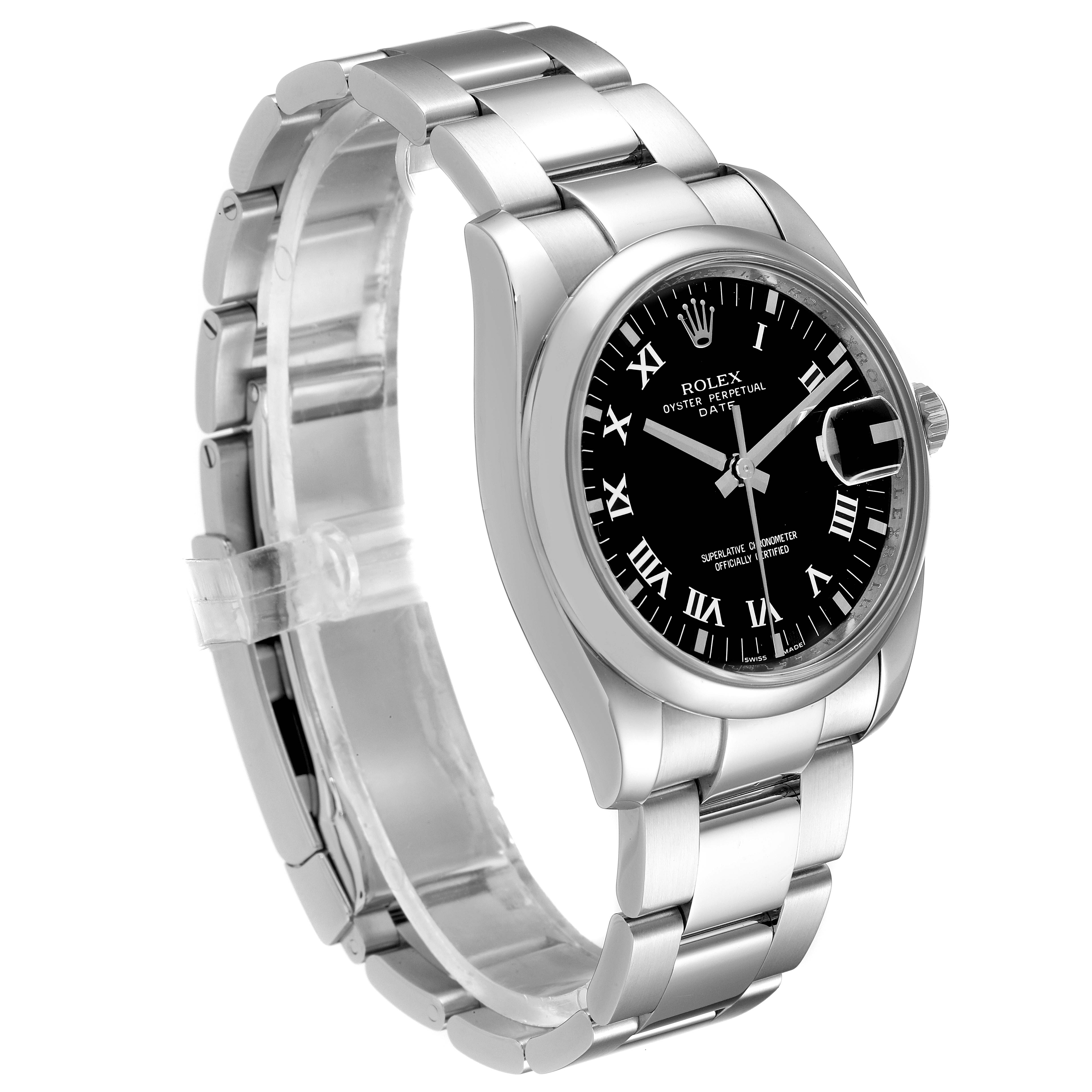 The image shows a Rolex Date 115200 Men's Stainless Steel Black Dial 115200 Men's Stainless Steel Black Dial model watch at a three-quarter angle, displaying its black dial, bezel, and bracelet.